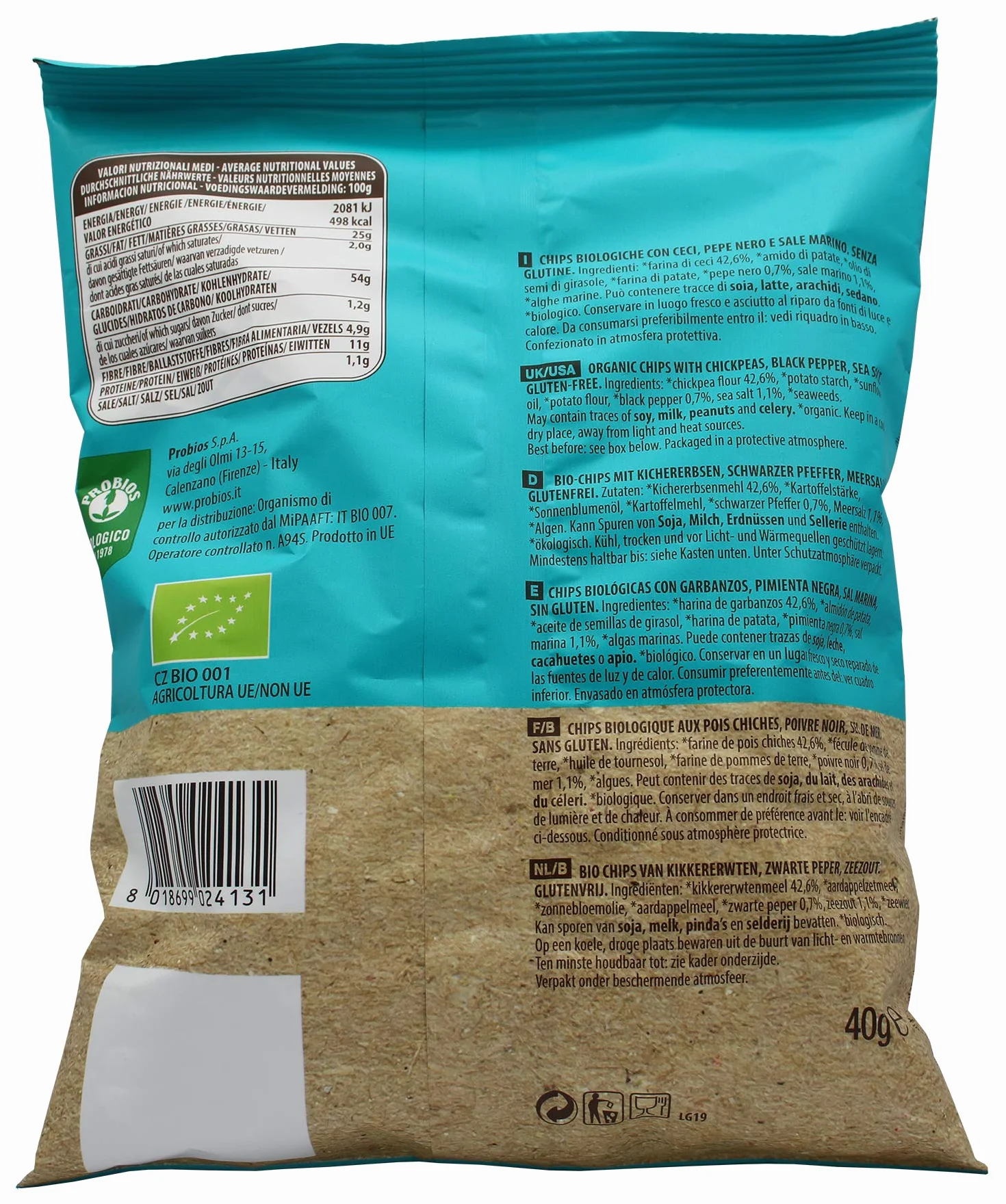 Probios Chips aux pois chiches et poivre noir biologique - emballage 12x40g