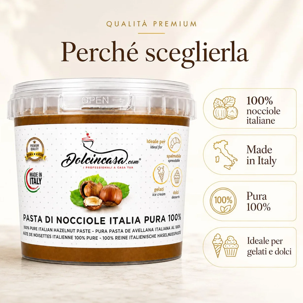 Dolcincasa-com Pâte de Noisettes Torréfiées 100% Pure Crème à Tartiner pour Glace Café et Diverses Utilisations en Confiserie Décorations Remplissages Sans Gluten sans Epaississants 500 Grammes