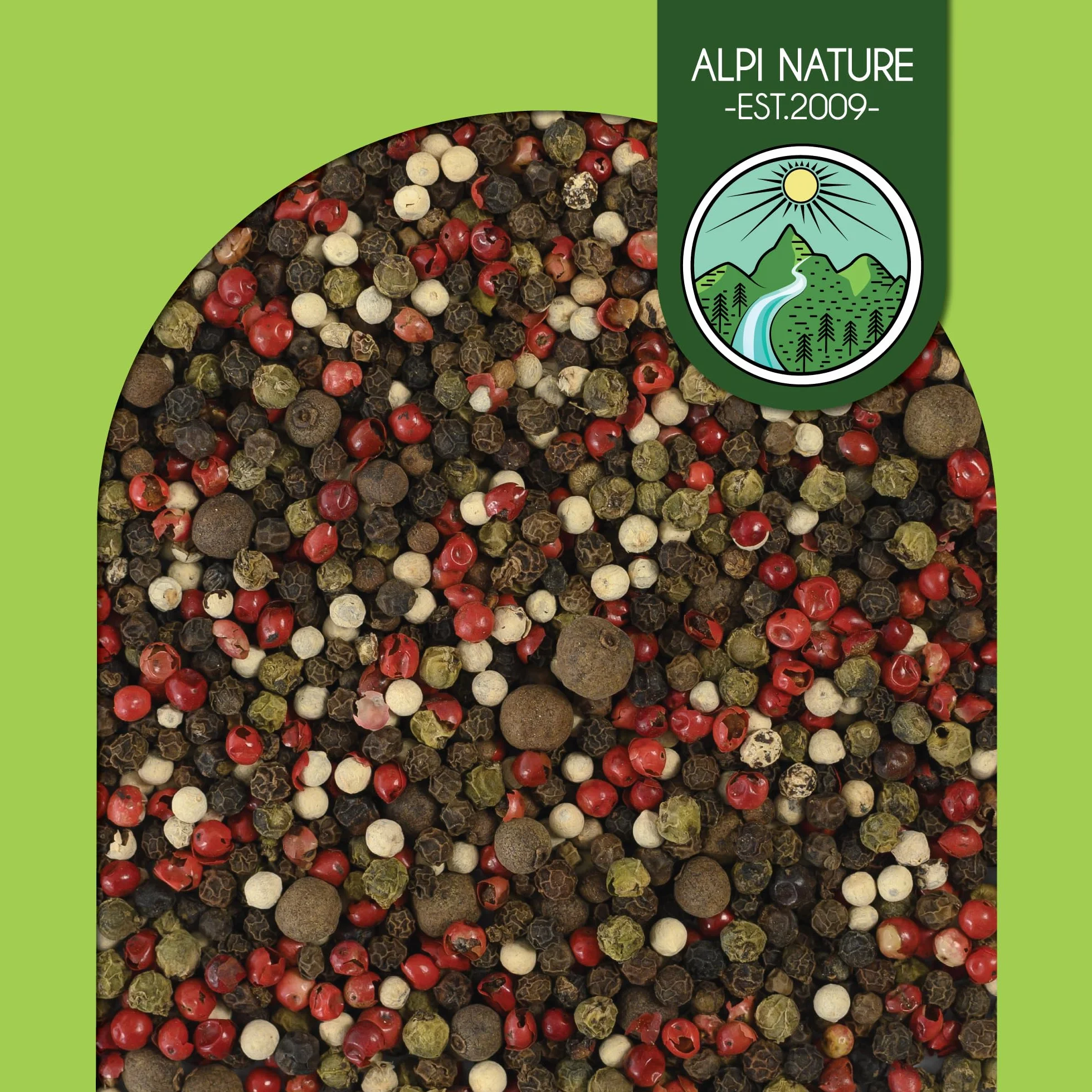 Alpi Nature Poivre 5 baies en grain 500g, Mélange d'Épices de 5 Couleurs, Poivre Noir, Blanc, Vert, Rose et Piment de la Jamaïque