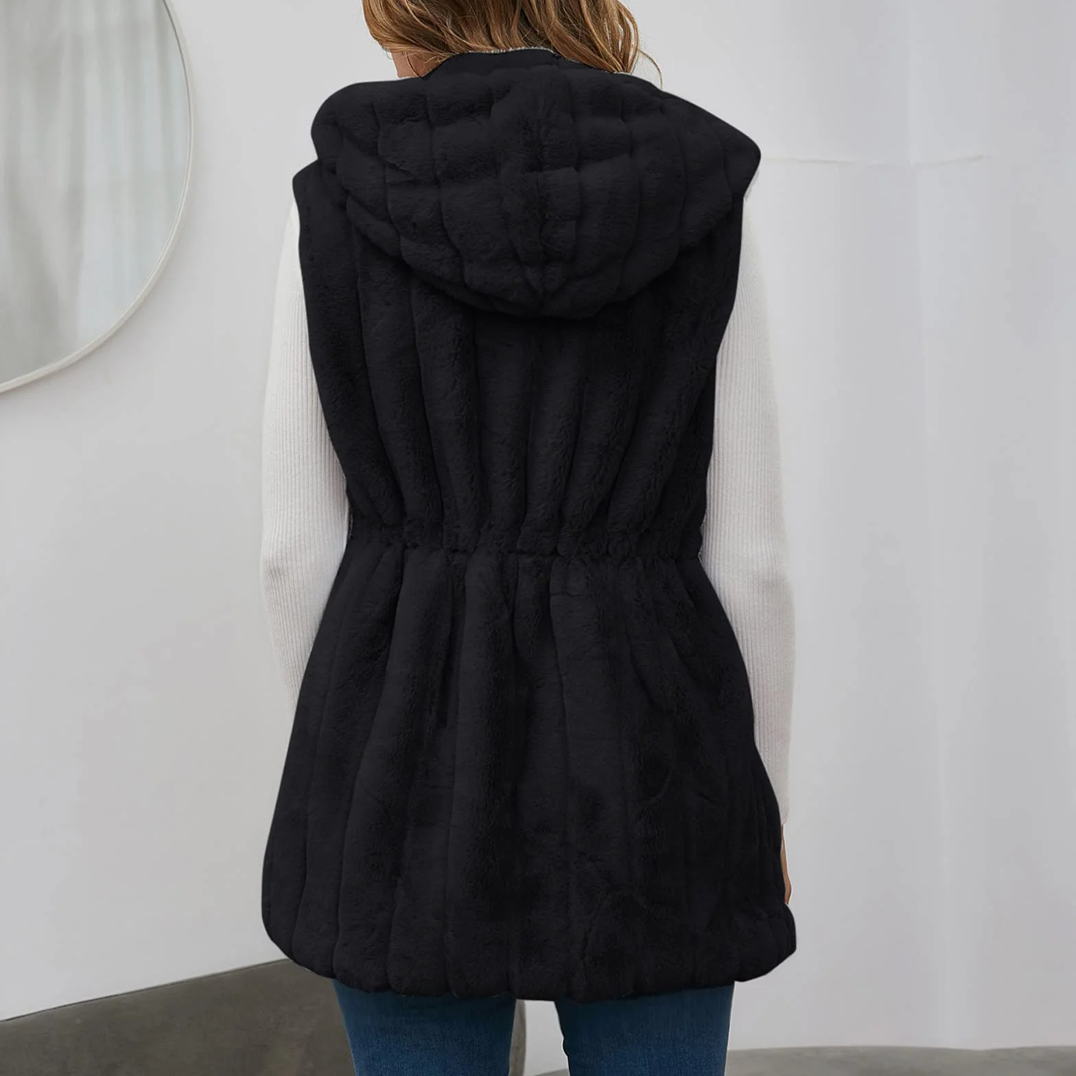 Gilet femme fausse fourrure polaire mi-long sans manches avec poches