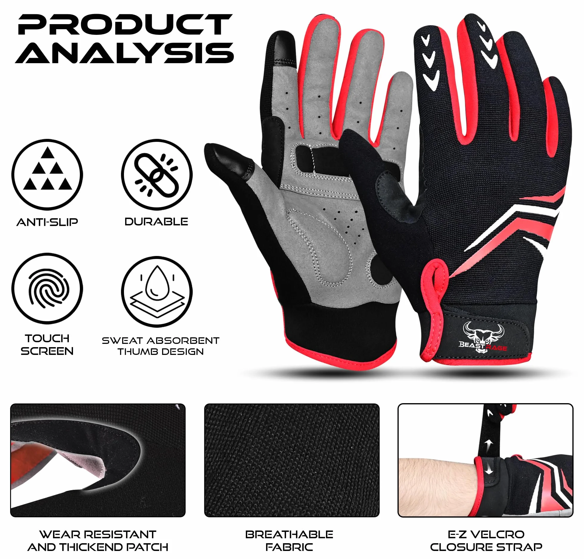 BEAST RAGE Gants de Cyclisme à Doigts complets avec Rembourrage Hommes Femmes antidérapants écran Tactile VTT BMX Course