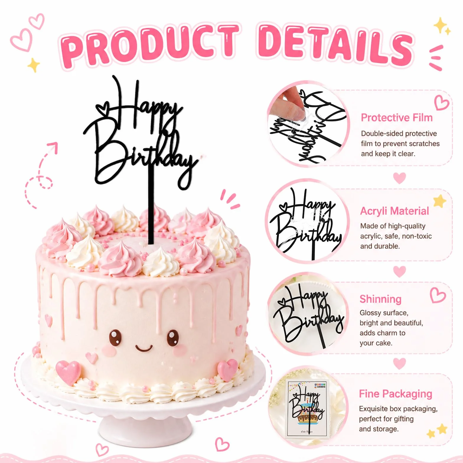 4 Pièces Topper Happy Birthday Decoration Gateau Acrylique Réutilisable,Joyeux Anniversaire Decoration Gateau,Décorations de Gâteau « Happy Birthday » pour Décoration de Gâteau de Fête D'Anniversaire