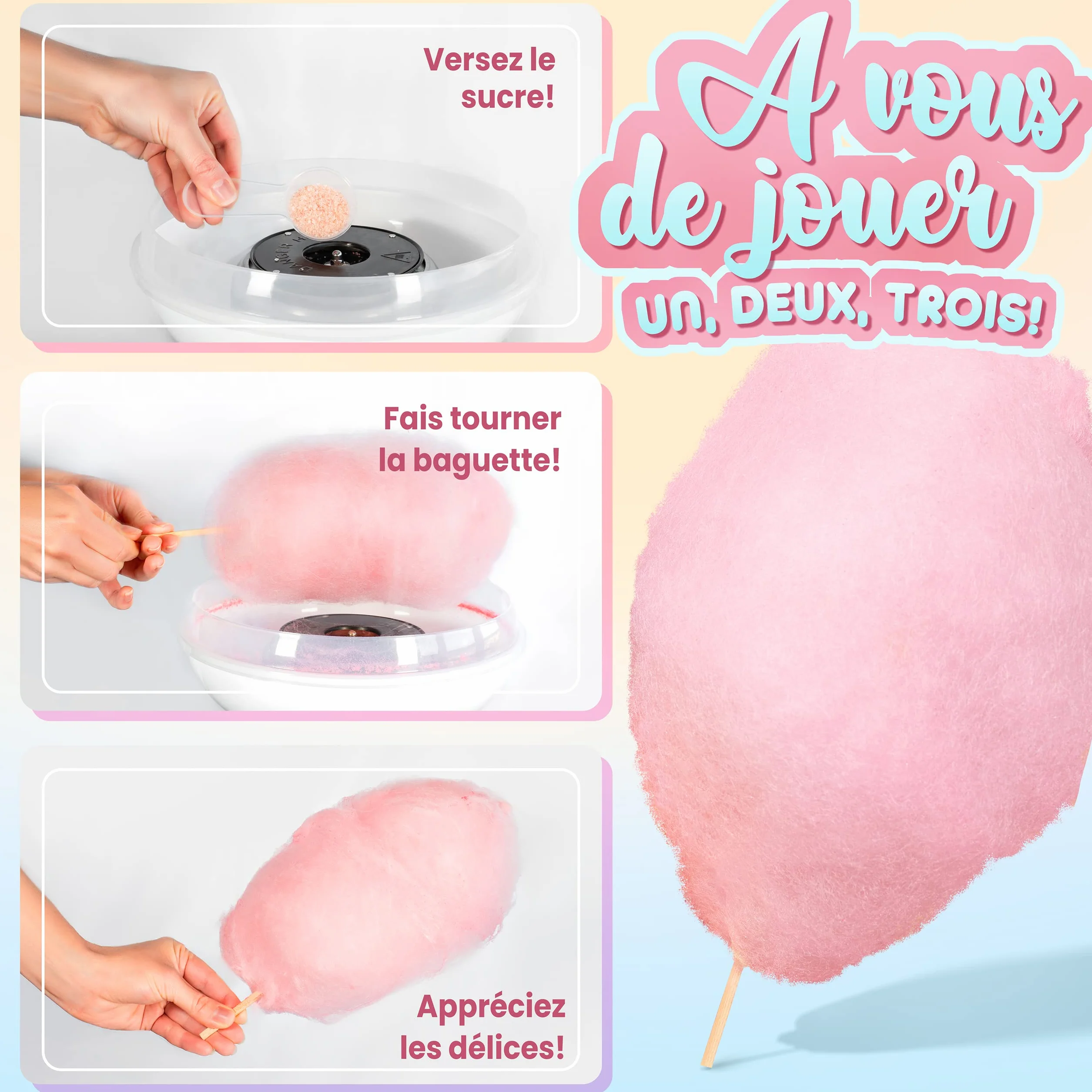 GREENDOSO® Sucre Barbe à Papa pour Machine (4x320 gr) – Lot de 4 Goûts (Fraise/Cola/Framboise/Pomme) – 50 Bâtonnets