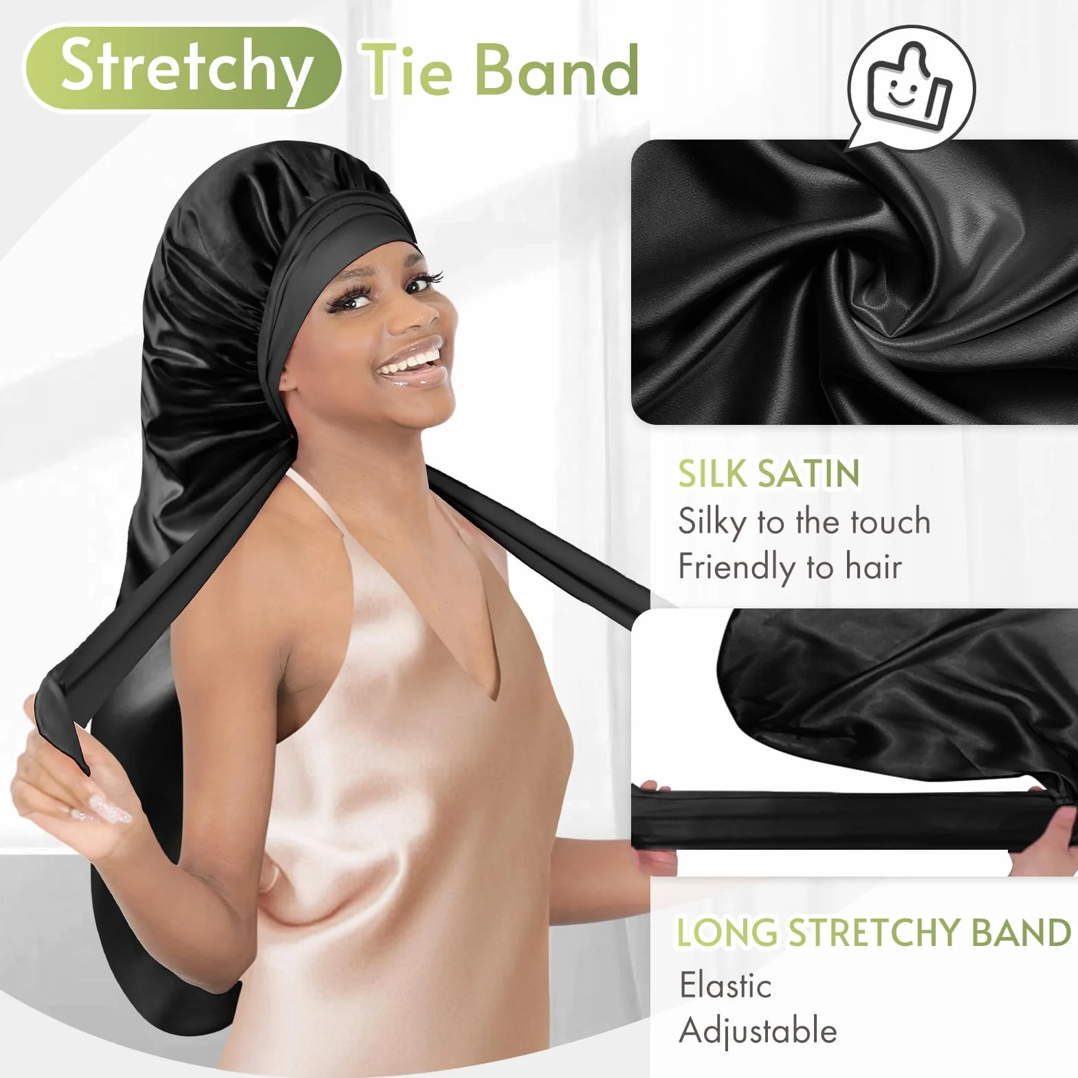 BONNET QUEEN Bonnet Satin Cheveux Longs Nuit Anti-Glisse avec Long Bandeau Réglable, Protection Anti-Frisottis pour Cheveux Très Longs, Noir