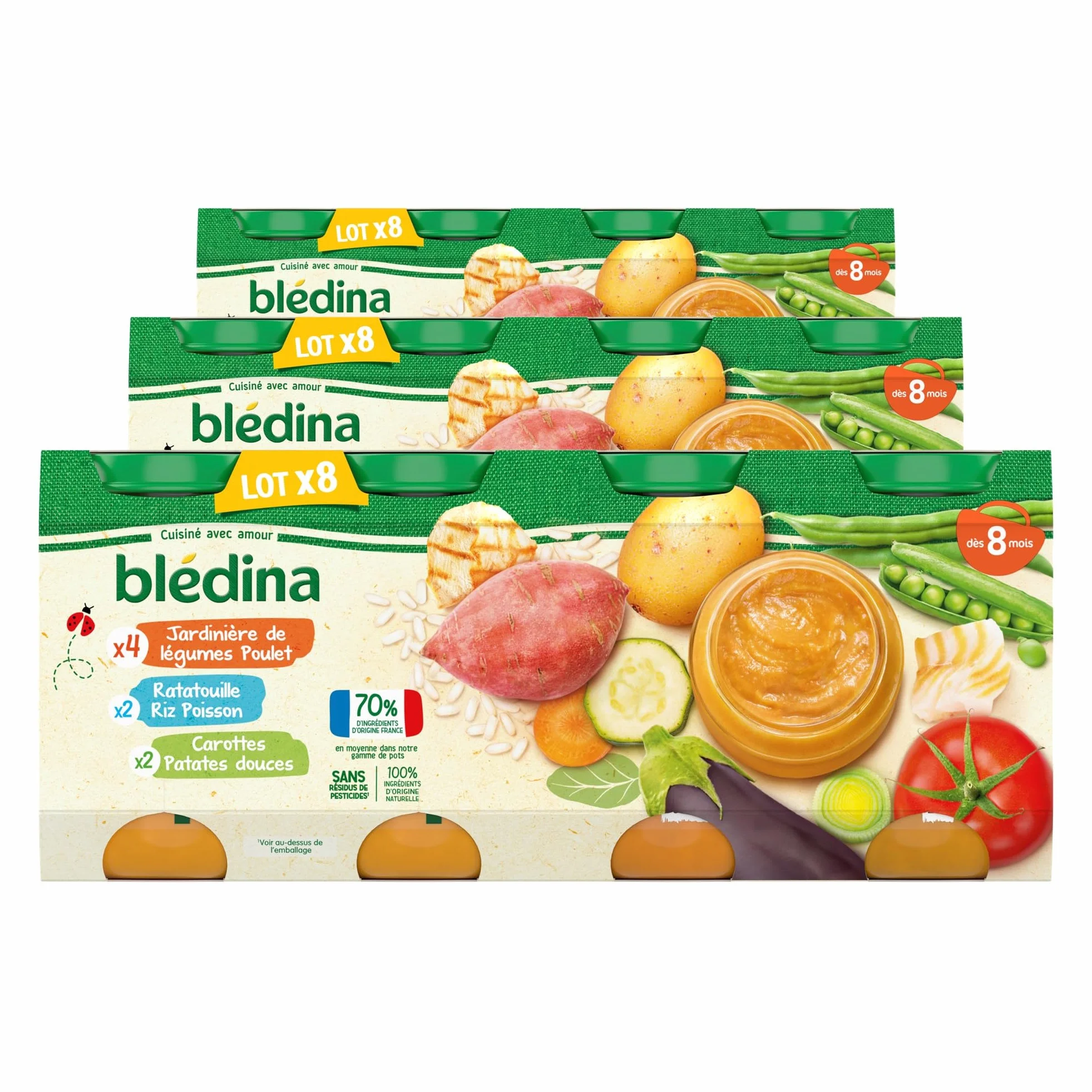 Blédina Petits Pots pour bébé, Dès 8 Mois, Légumes Poulet / Ratatouille Riz Colin / Carotte Patate Douce, 24x200g (3 packs)