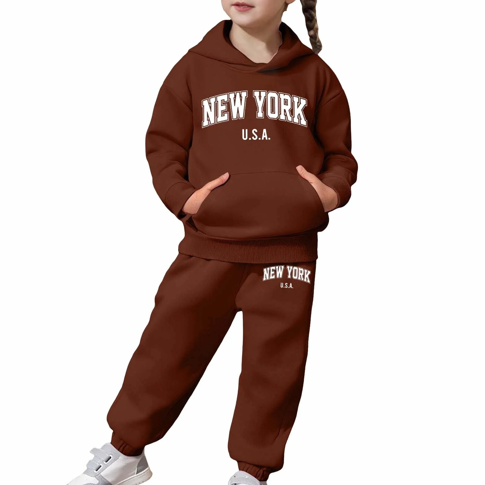 Survêtement enfant 2 pièces Pull manches longues Capuche Pantalon jogging Ensemble chaud Imprimé lettre Café 8-9 ans