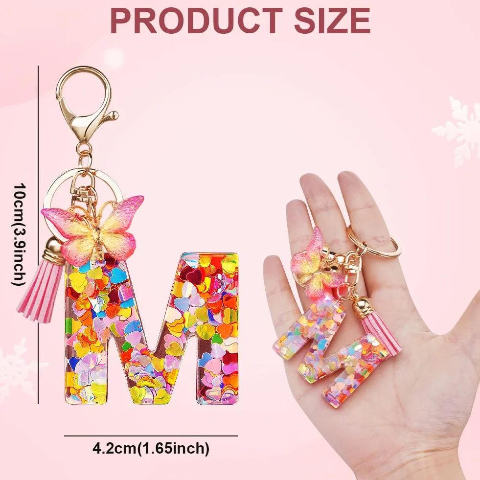 Porte-clés avec Initiales en Résine pour Filles et Femmes, Pendentif Papillon et Pampille