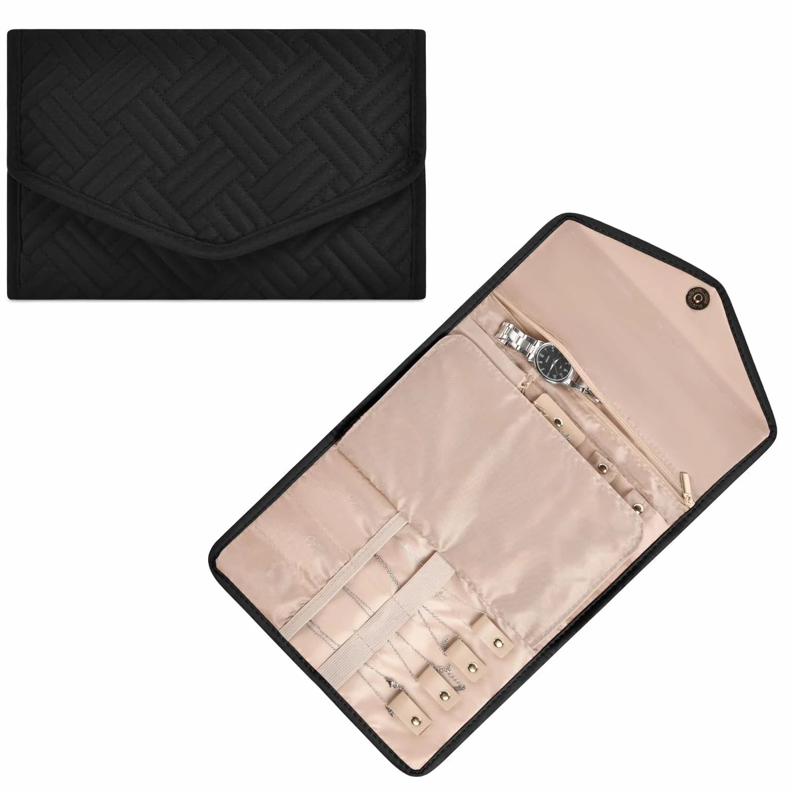 Aucuu Pochette Rouleaux à Bijoux Pliable, Organisateur de Voyage pour Bijoux, Sac en Rouleau Noir