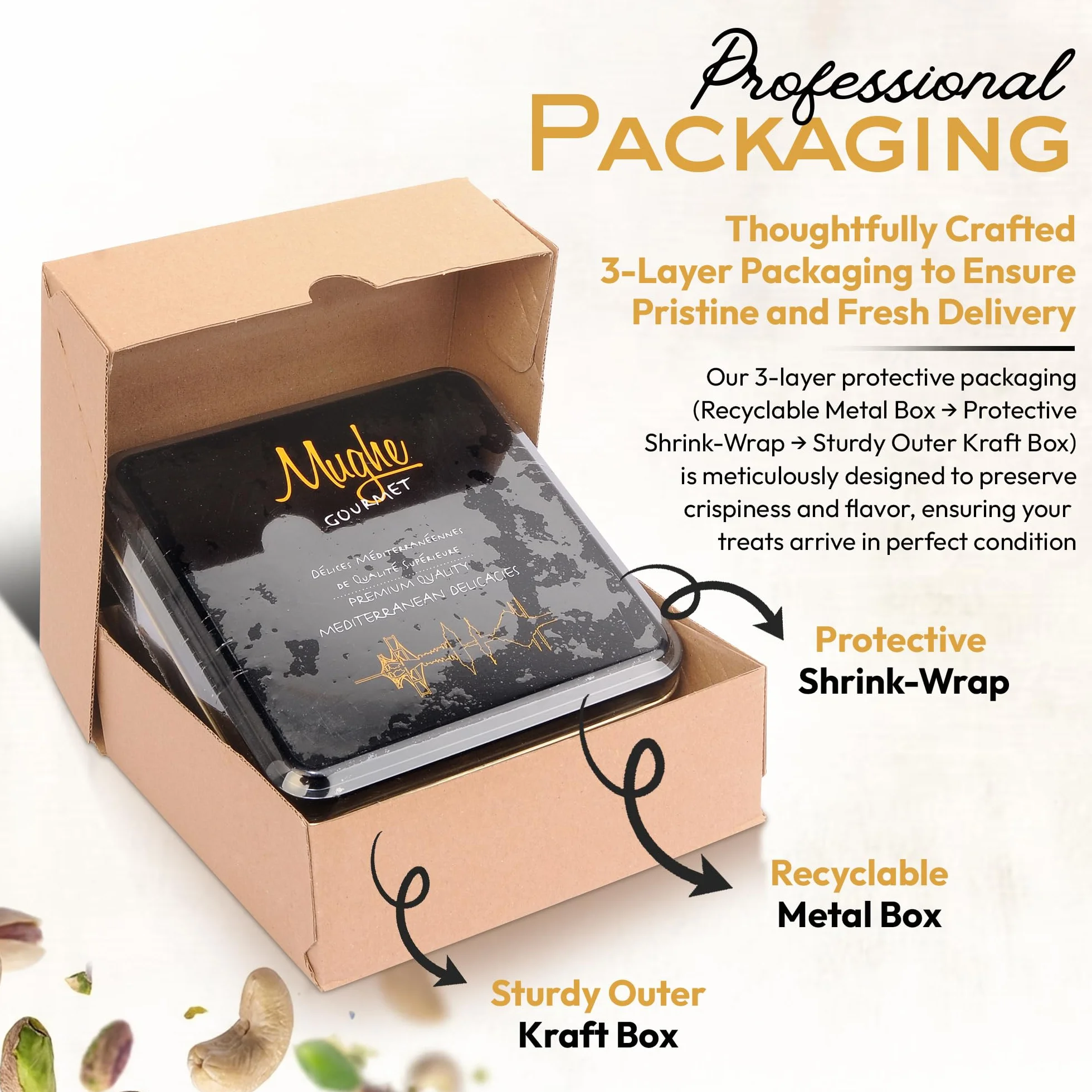 Mughe Gourmet Baklava Pistache 750g, Boîte Métallique Cadeau Double Couche | Baklawa Pistache 750g Double Couche Boîte Métallique Cadeau Luxe Halal