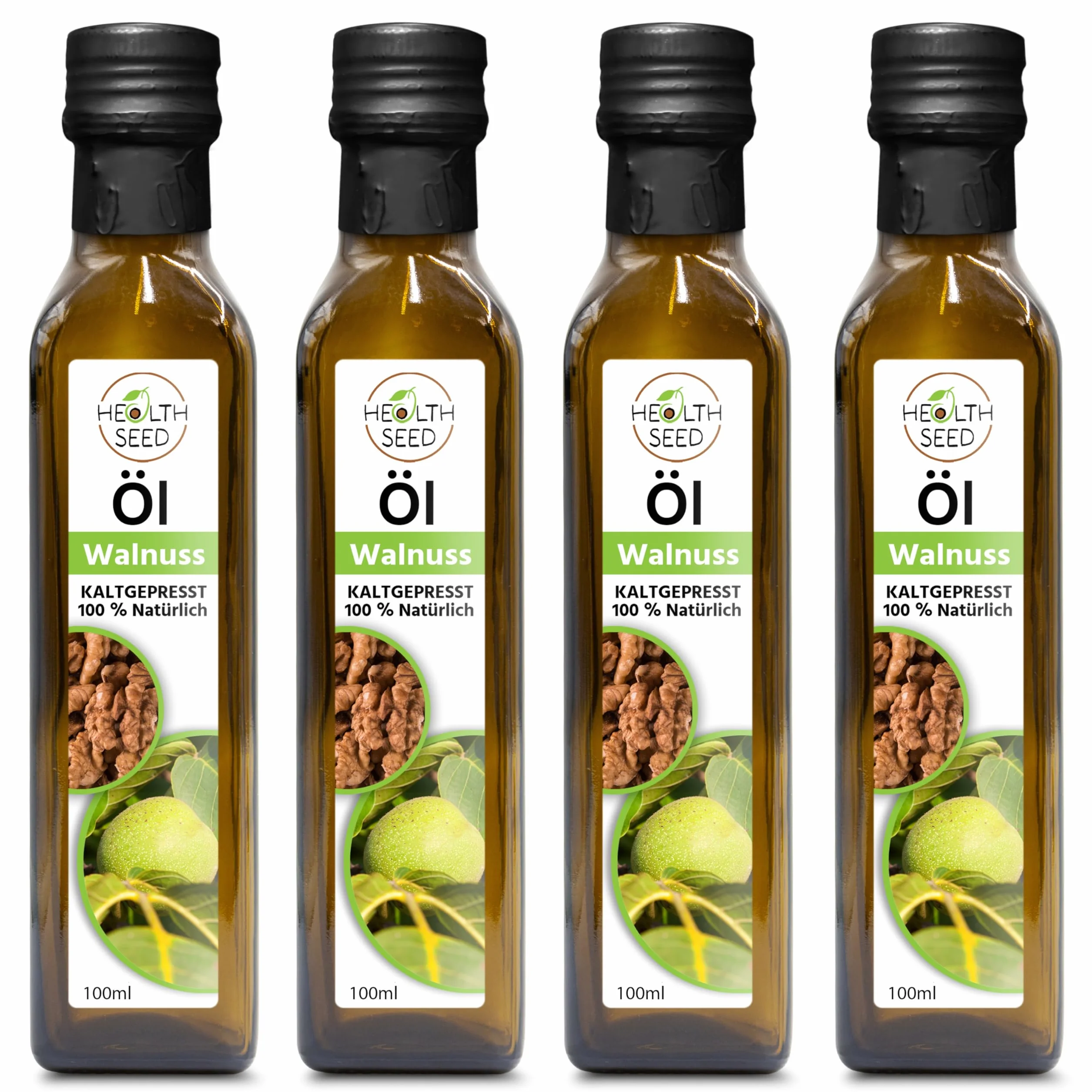 Health Seed® 4 x 100/400 ml – Huile de noix non filtrée – Bouteille en verre 100 % pure pressée à froid – Fraîcheur du fabricant