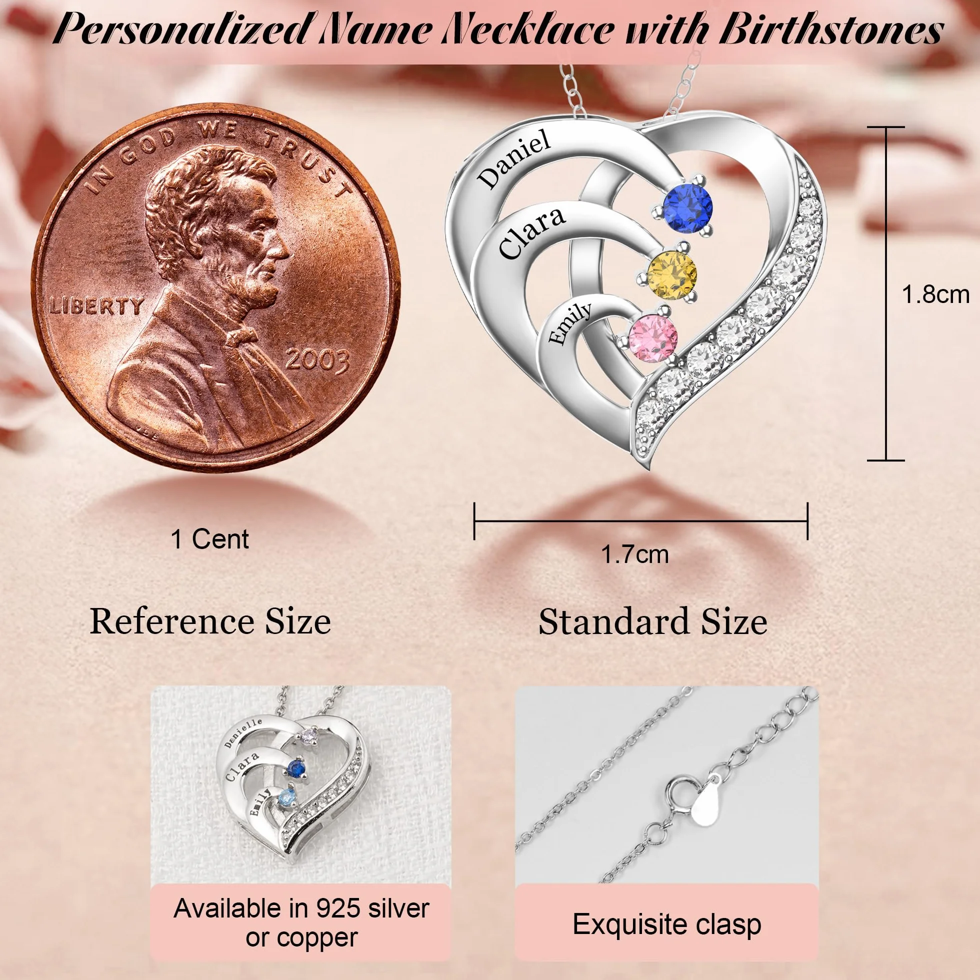 Easycosy Collier Personnalisé Prénom Pierres de Naissance Cadeau Fête des Mères Maman Bijoux Gravé Nom Pendentif Cœur