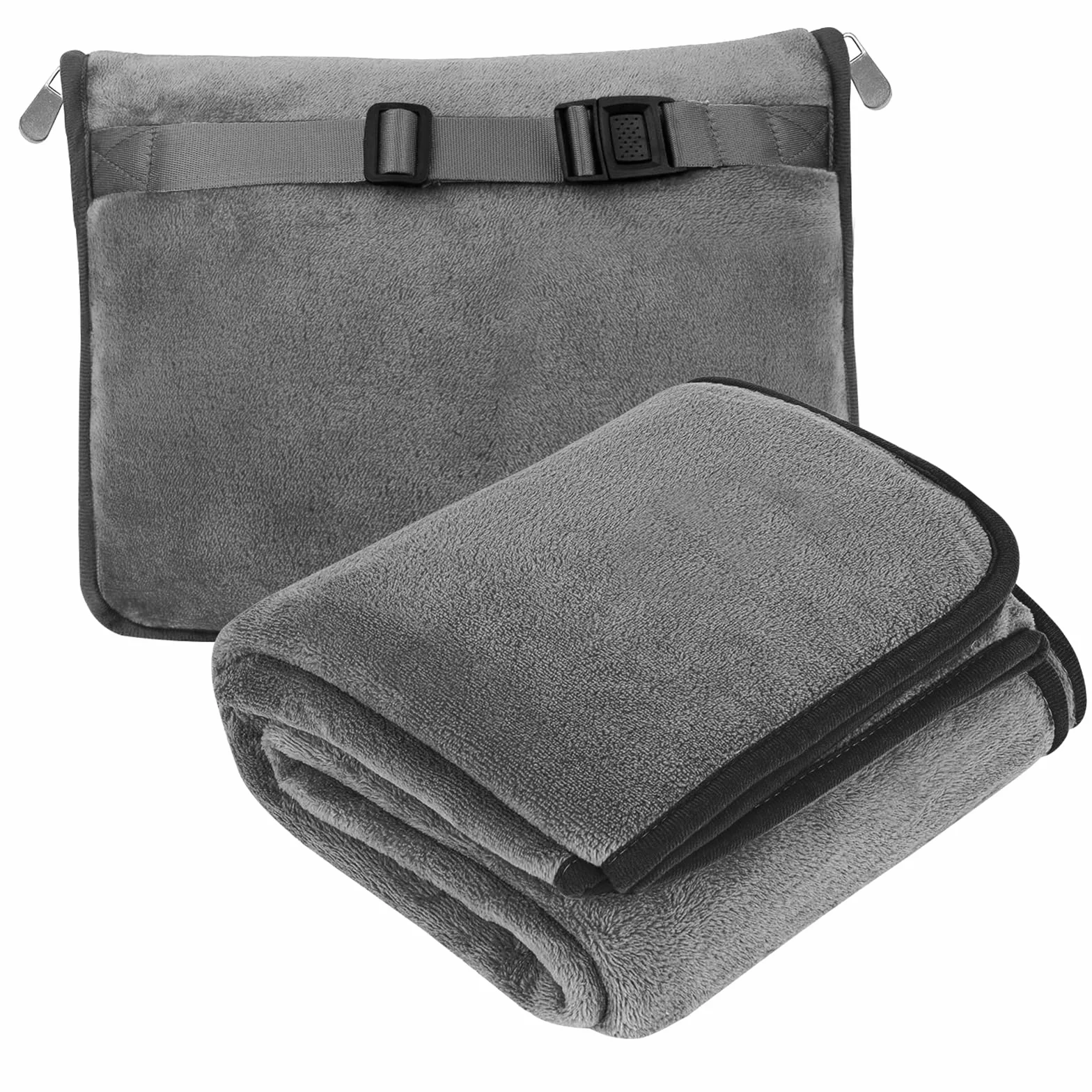 Couverture de Voyage 2 en 1 Coussin Transformable Portable Fixation Valise Ultra Légère Chaude Gris 152 x