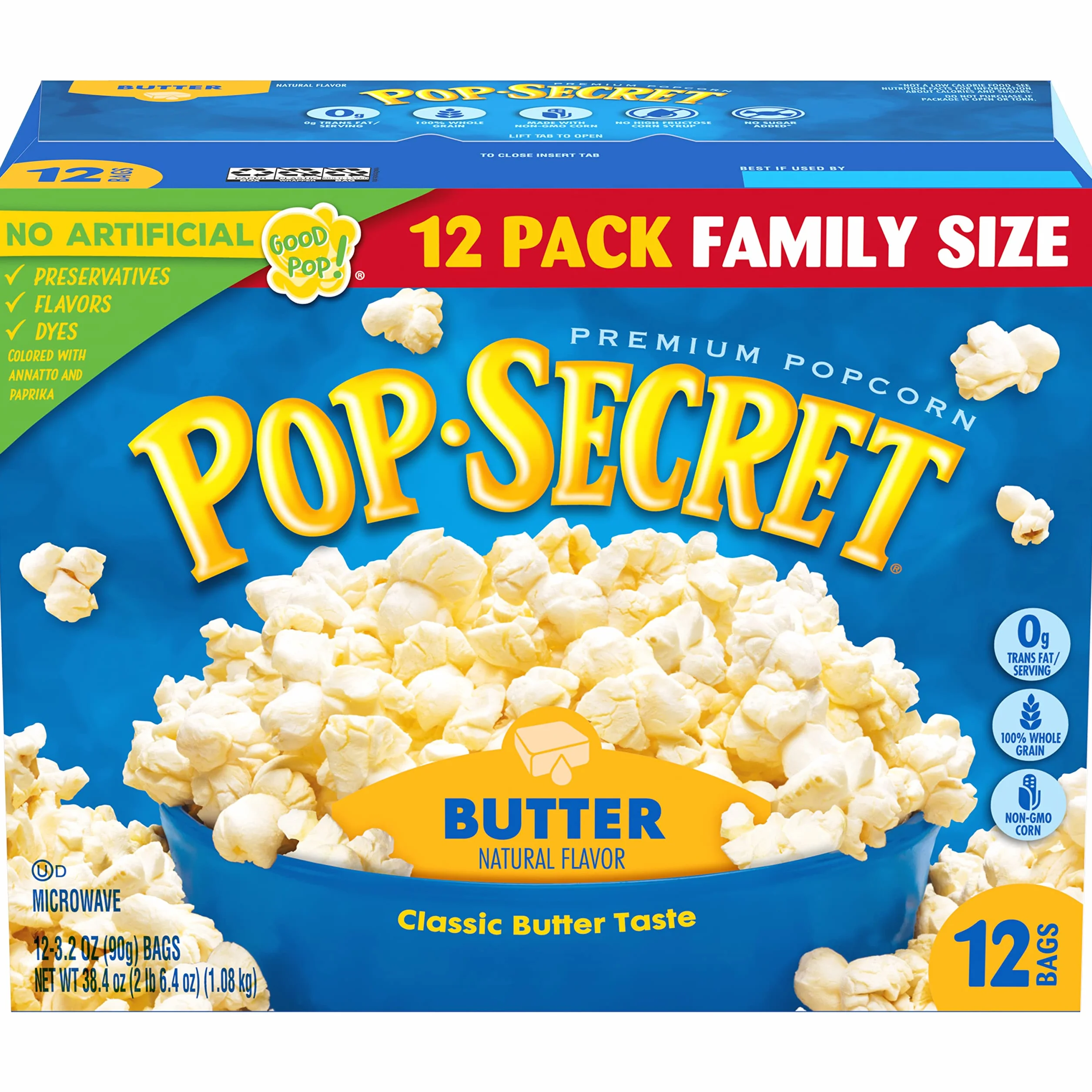 Pop Secret Lot de 12 sachets de maïs soufflé pour micro-ondes, saveur beurre, 90,7 g