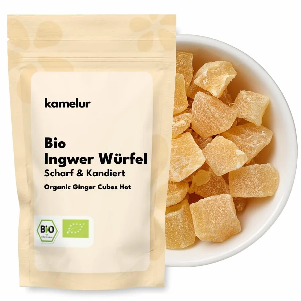 1kg de dés de gingembre BIO piquant - Cubes de gingembre sucré et confit de qualité bio supérieure, agréablement piquant et sans sulfites