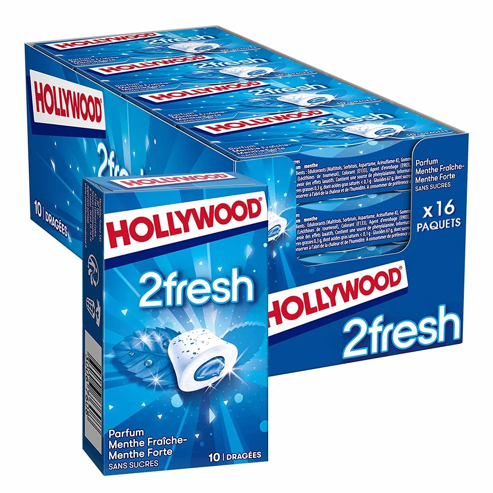 Hollywood Chewing Gum 2 Fresh Parfum Menthe Forte Sans Sucres Lot de 16 paquets 22 g
