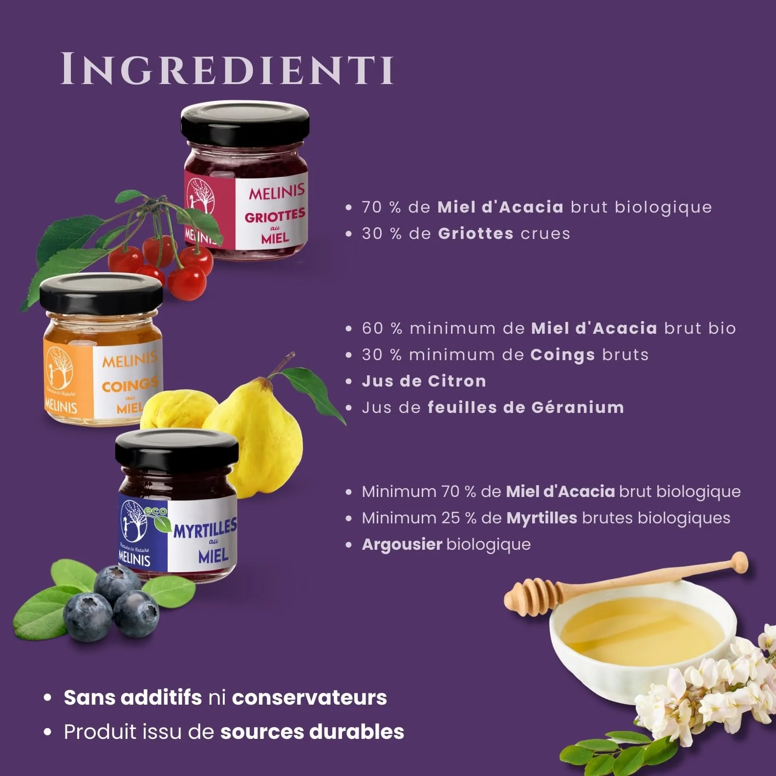 Coffret Dégustation 3 × 40 g – Miel Bio Tartinable aux Myrtilles, Coings Bereczki et Griottes – Sans Sucre Ajouté – Tartinables Naturels pour Petit-Déjeuner, Snacks et Cadeau Gourmet – Melinis
