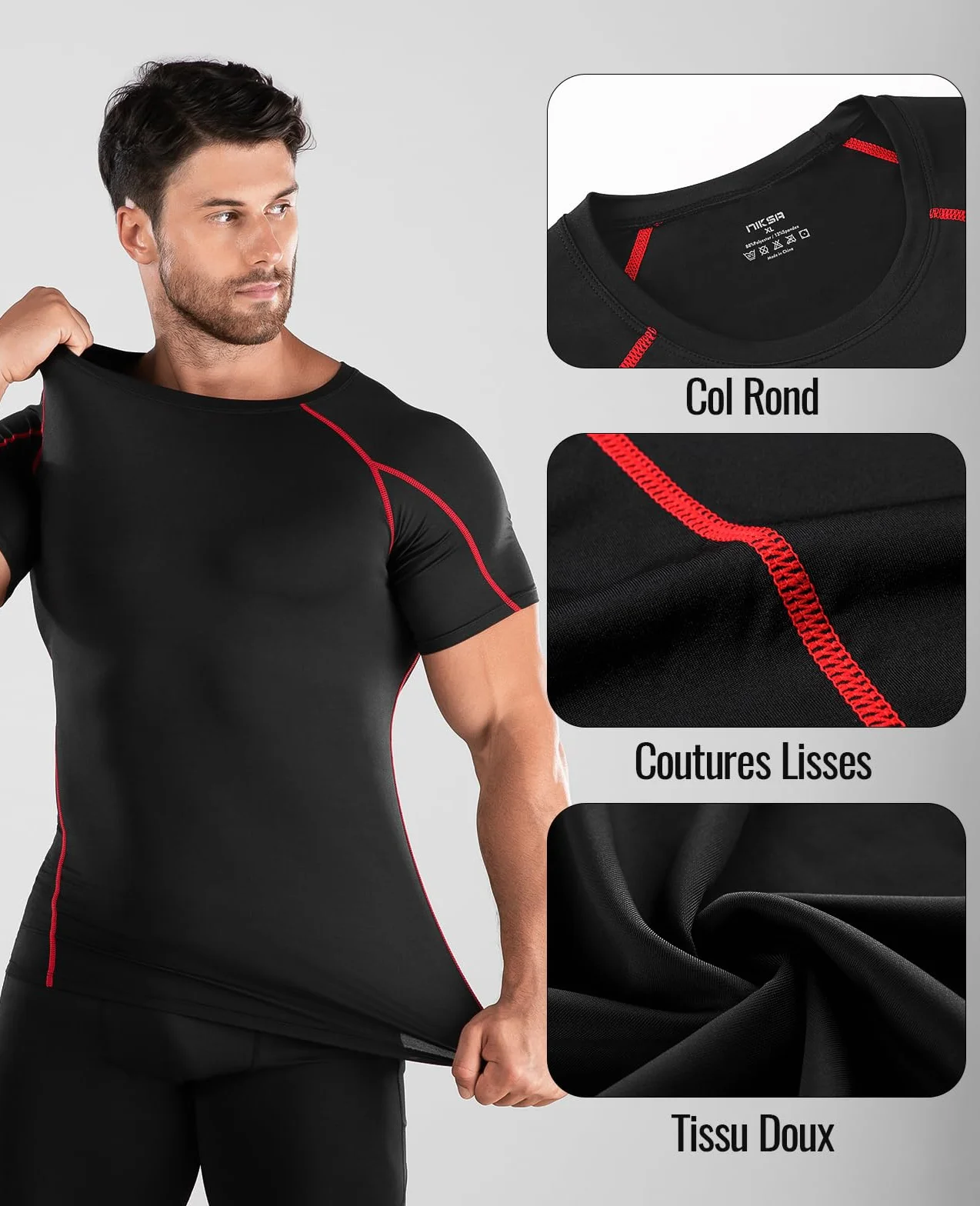 Niksa Tee Shirt Compression Homme Maillot Running Manches Courtes 2 Pièces