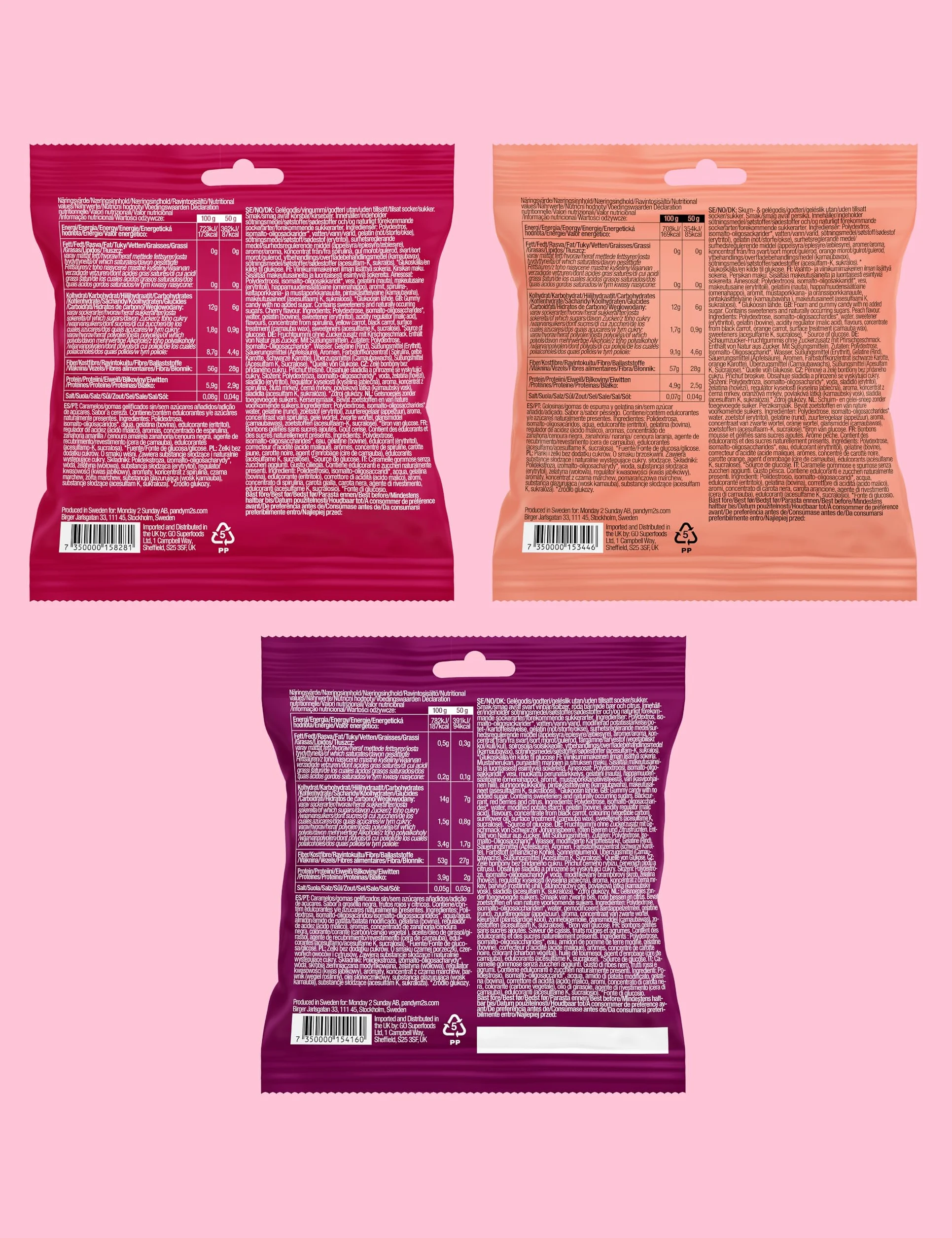 PÄNDY, bonbons sans sucre avec 100% de goût, 3x 50g (Winegums, Peach Rings, Cherry), gommes moelleuses moins de 1g sucre, 70 kcal et riches en fibres par sachet, sans gluten, low carb, faits en Suède