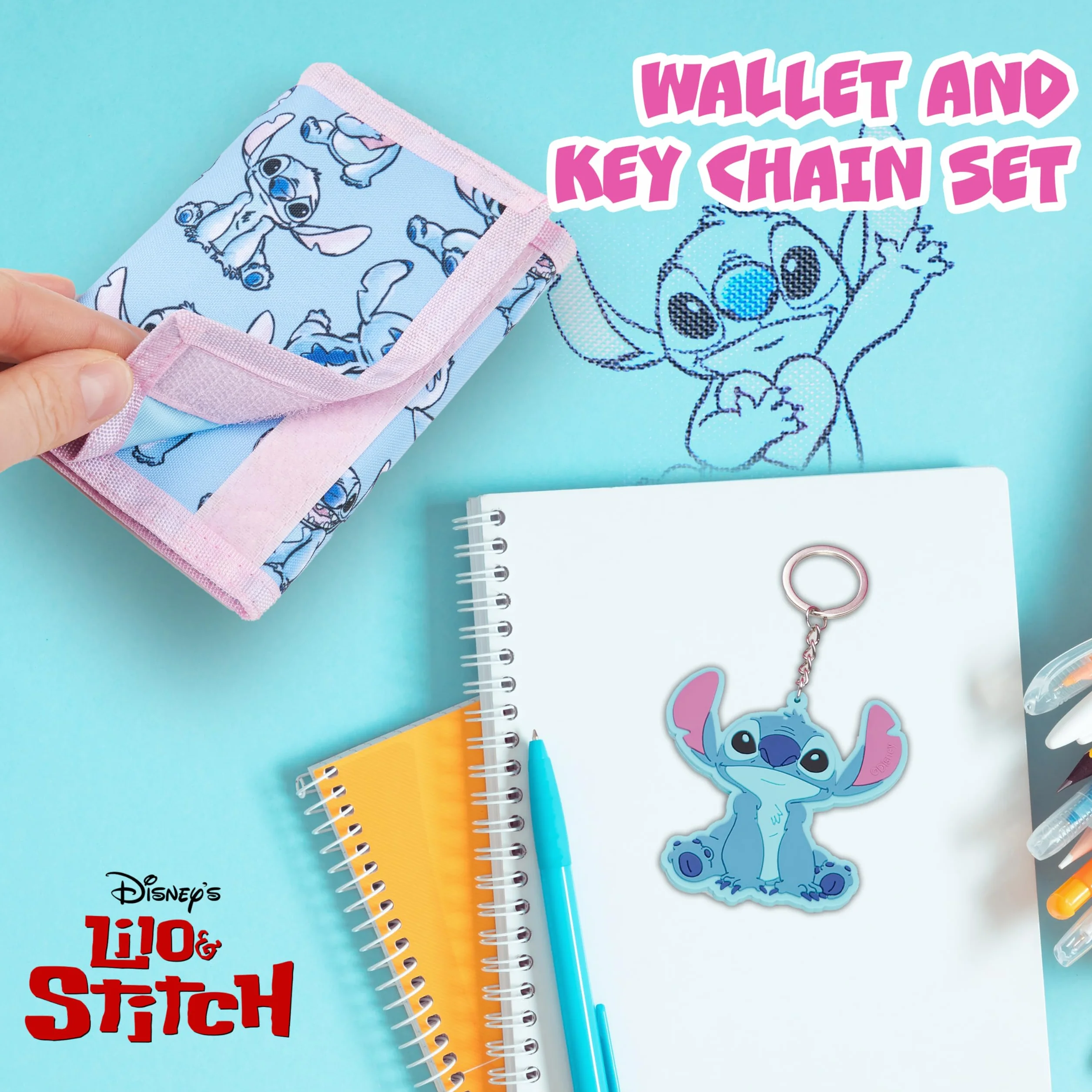 Disney Coffret Cadeau Portefeuille Enfant Porte Clé Stitch Bleu