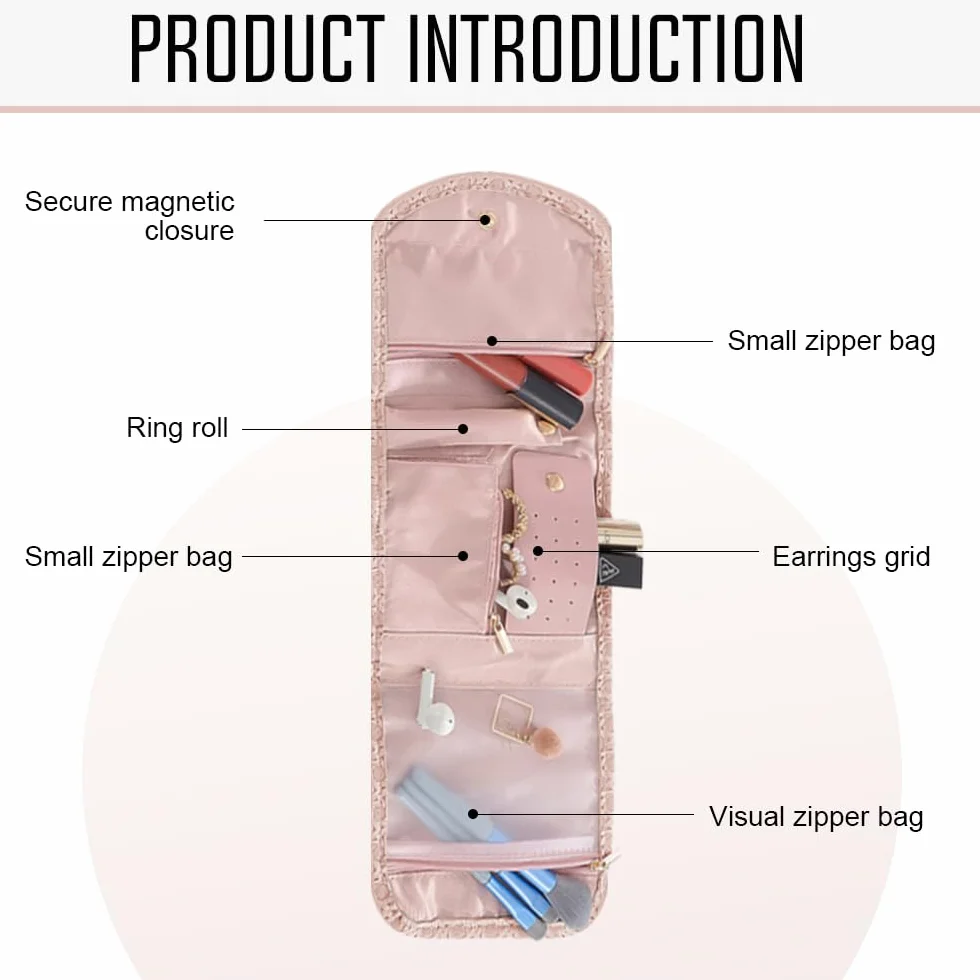 Pochette Rouleau à Bijoux de Voyage en Cuir, Sac Organisateur de Bijoux Rose