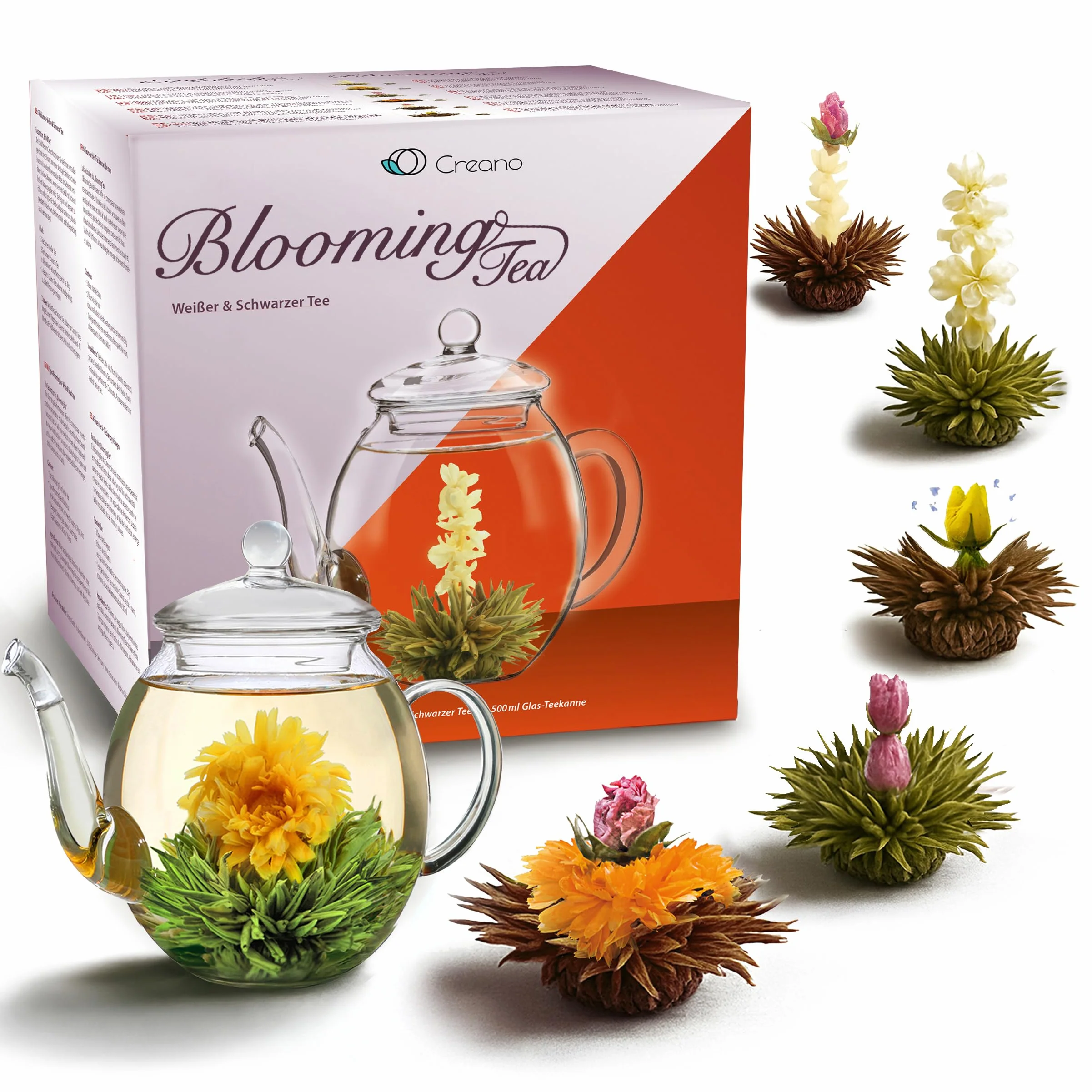 Creano Coffret Cadeau Fleurs de Thé Mix 6 pcs – Théière en Verre 500ml sans goutte – 3x Thé Noir & 3x Thé Blanc – Idée Cadeau Femme, Maman, Anniversaire