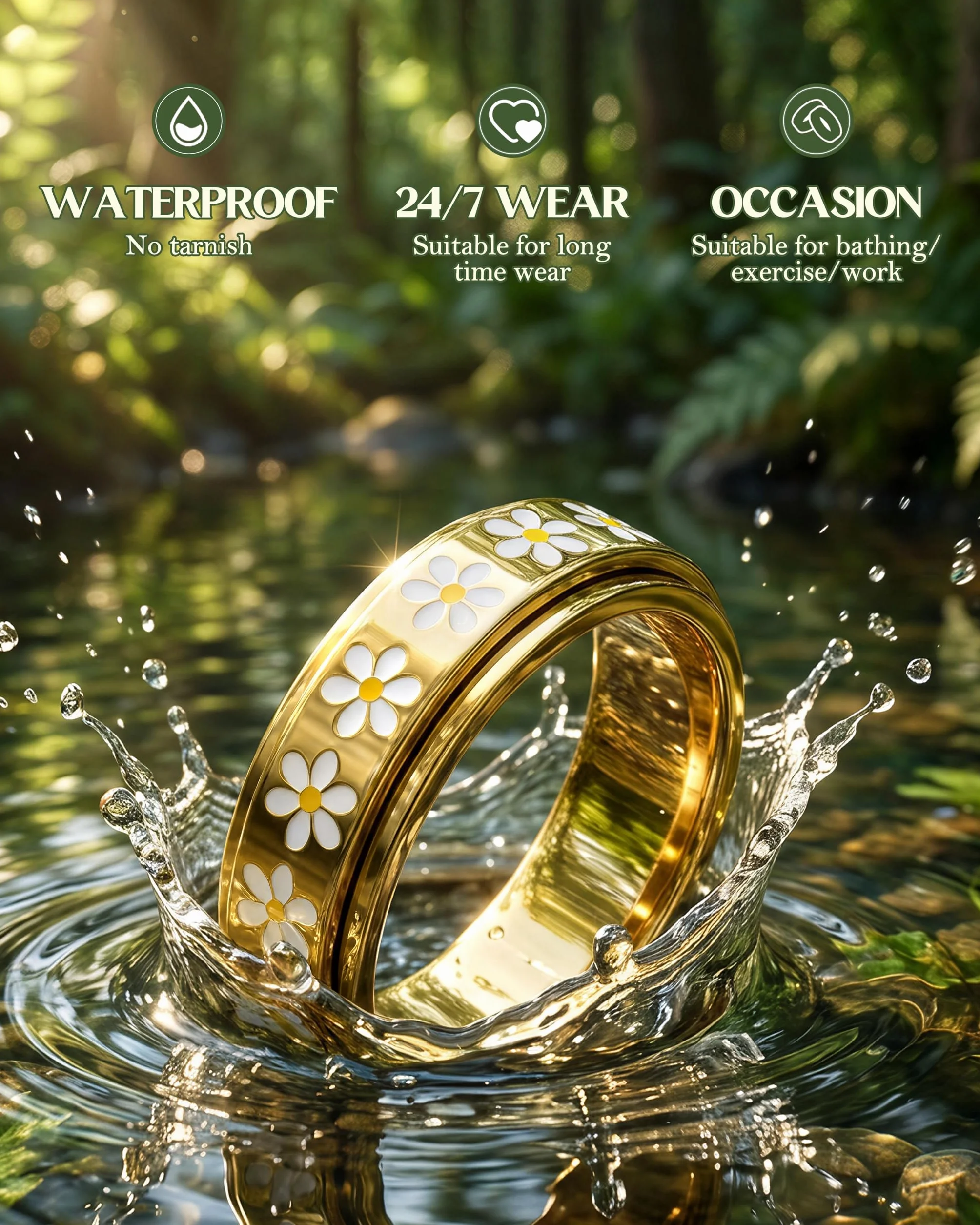 Bague Anti Stress Tournante Marguerite Acier Inoxydable Doré Argenté, Bague Fidget Spinner Fleur