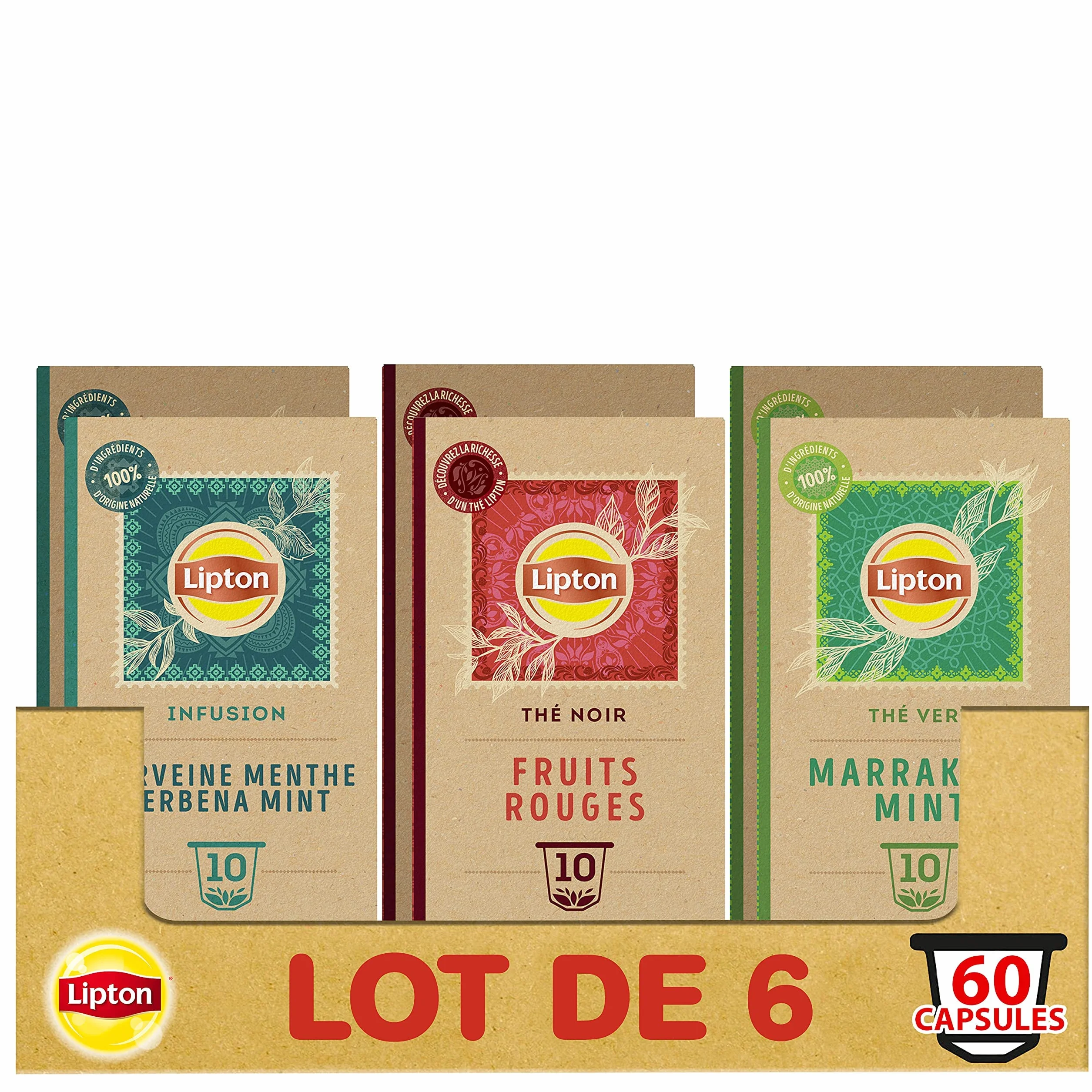 Lipton Assortiment de 3 Thés en Capsules Compatibles Nespresso : Thé Vert Marrakech Mint, Infusion Verveine Menthe, thé Noir Fruits Rouges, Compatibles Machines Nespresso, x60 capsules