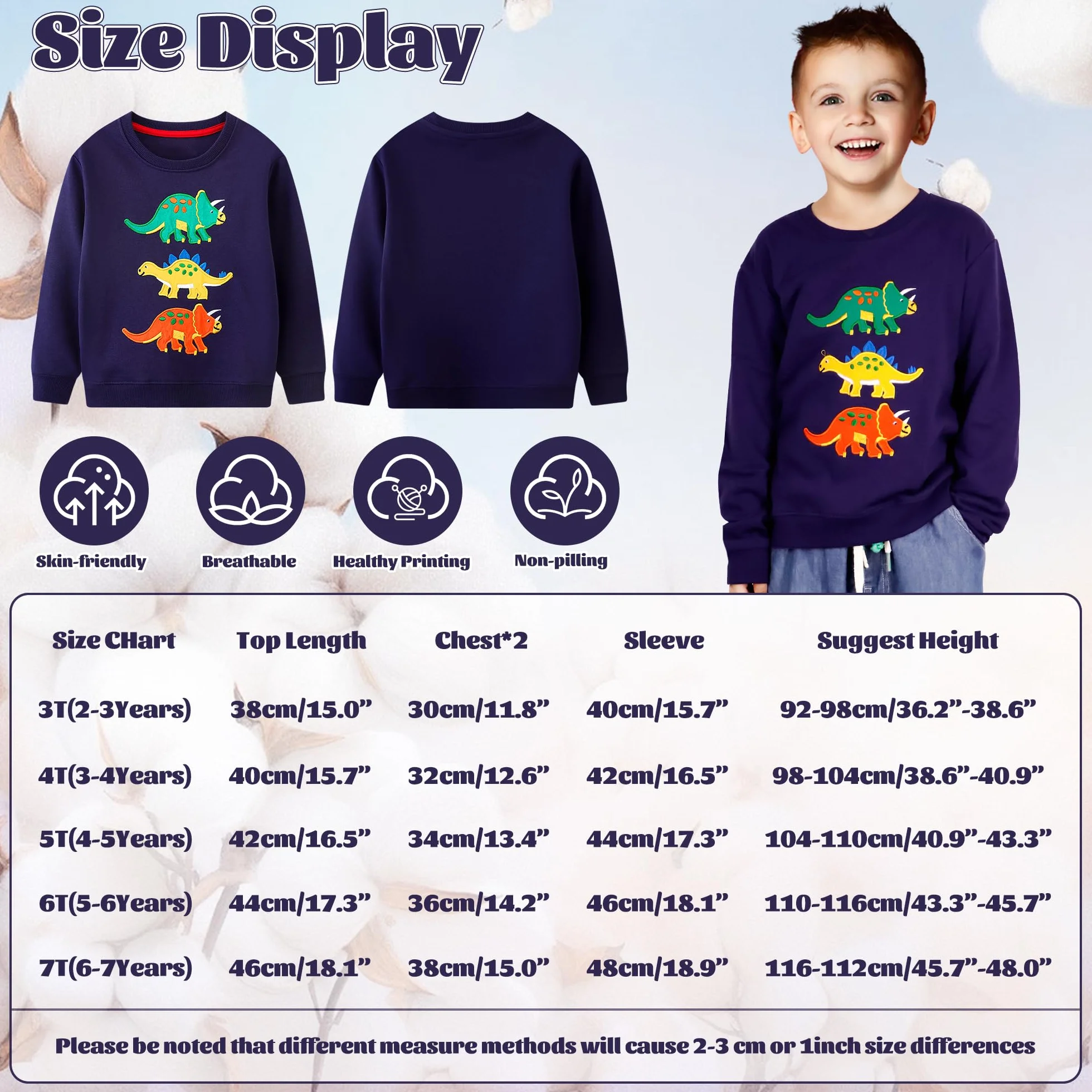 Sweatshirt Garçon Dinosaure Imprimé Bleu Marine Pullover Manches Longues Col Rond Enfants 2-7 Ans