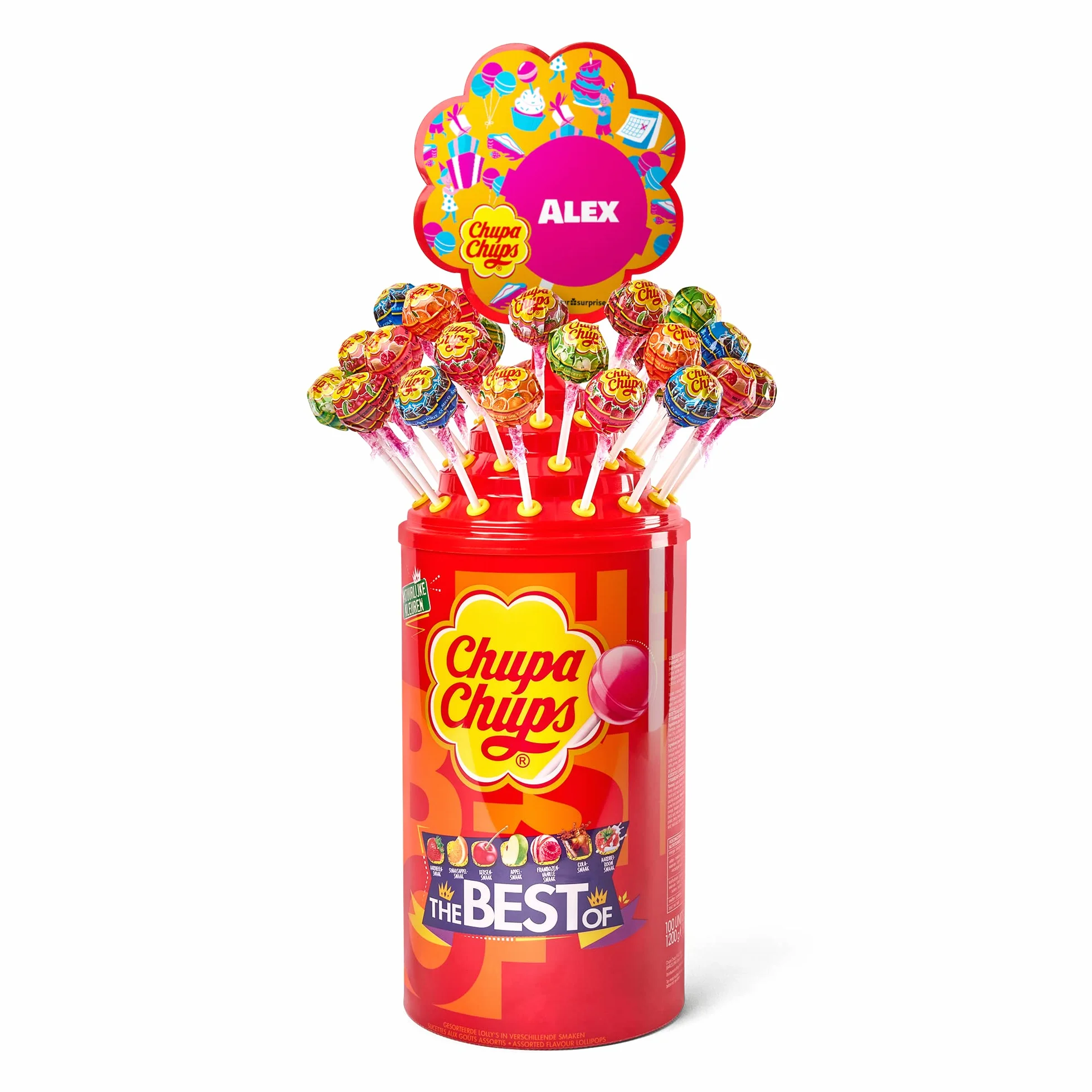 Chupa Chups Roue Personnalisée avec Photo - Manège de 100 Sucettes avec 7 Goûts différents (Tour - 100 sucettes)