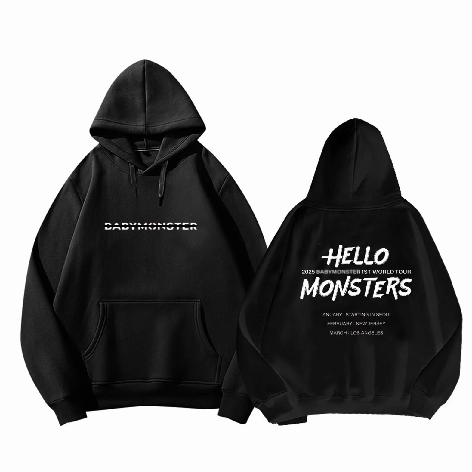 BM World Tour Hello Monsters 2025 Sweat-shirt Coton Imprimé K-Pop Unisexe Enfants Noir Sweat à Capuche