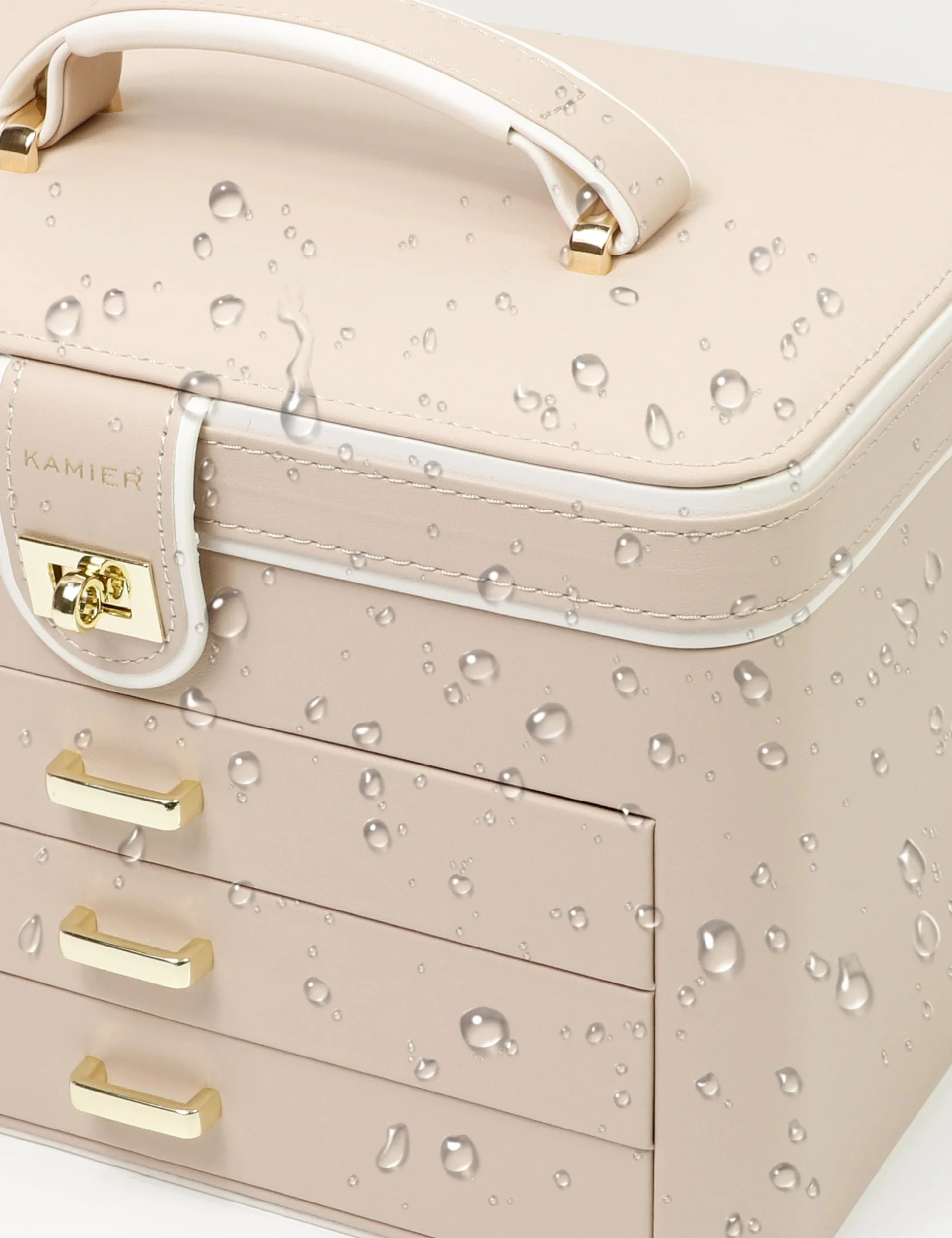 KAMIER Grande boîte à bijoux pour femme – Organiseur en cuir 4 niveaux avec serrure et miroir, beige