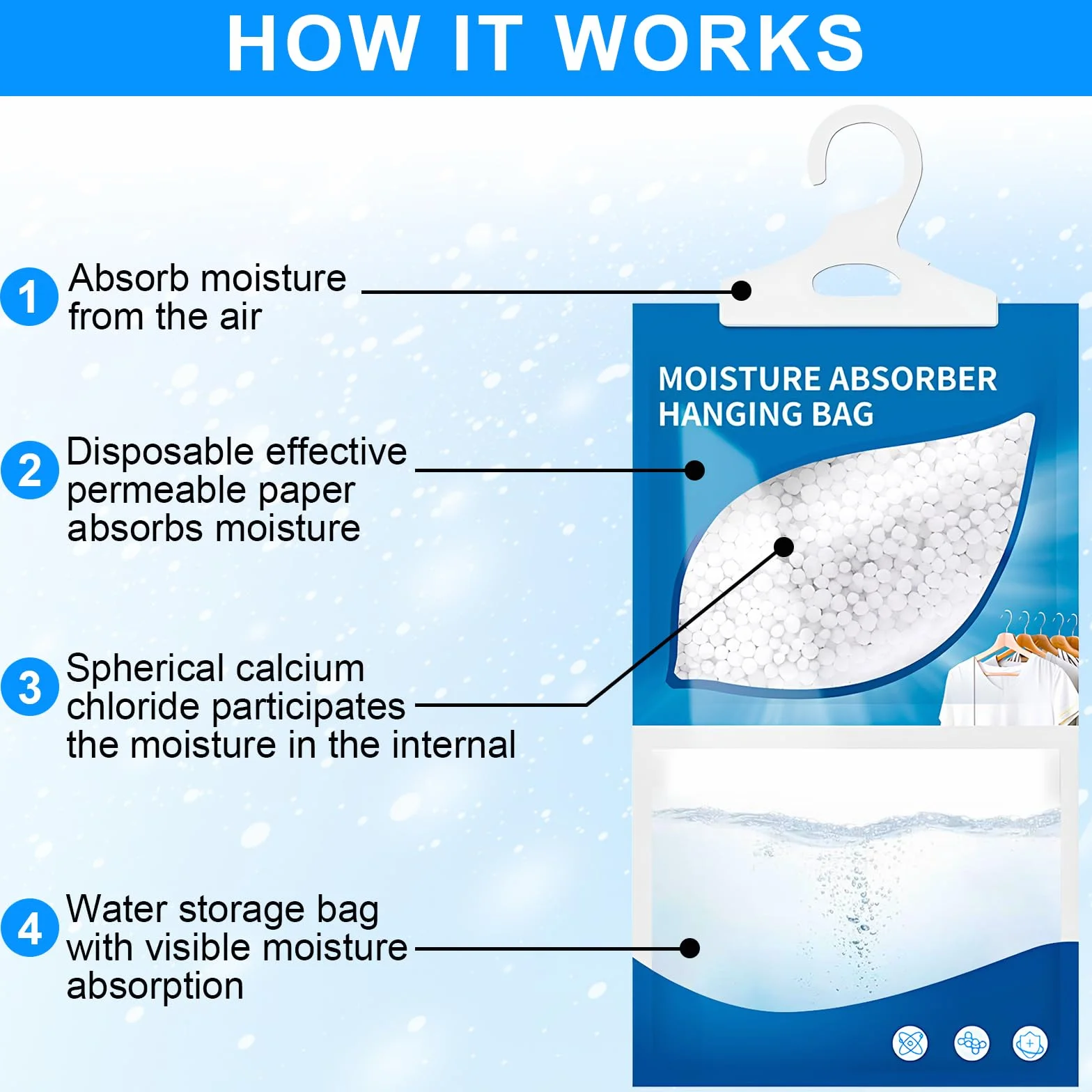 6 x 230g Absorbeur d'Humidité, Sachets Déshumidificateurs Suspendus pour Placard, Set Anti-Moisissure et Humidité pour Cuisine, Salle de Bain, Garde-Robe, Voiture, Élimine les Odeurs