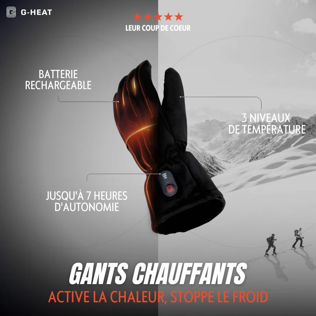 G-HEAT Gants Chauffants Confort+ Mixtes Tactiles Déperlants Anti-dérapant avec Batteries et Câble de Recharge