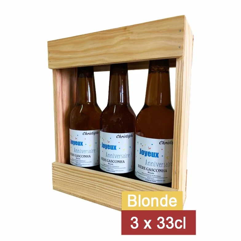 Coffret biere BRASSERIE GASCONHA + Caisse bois - Coffret degustation biere avec etiquette bouteille personnalisable pour prénom, logo, message… [ Coffret de biere a offrir ] (Blonde, 3x33 CL)