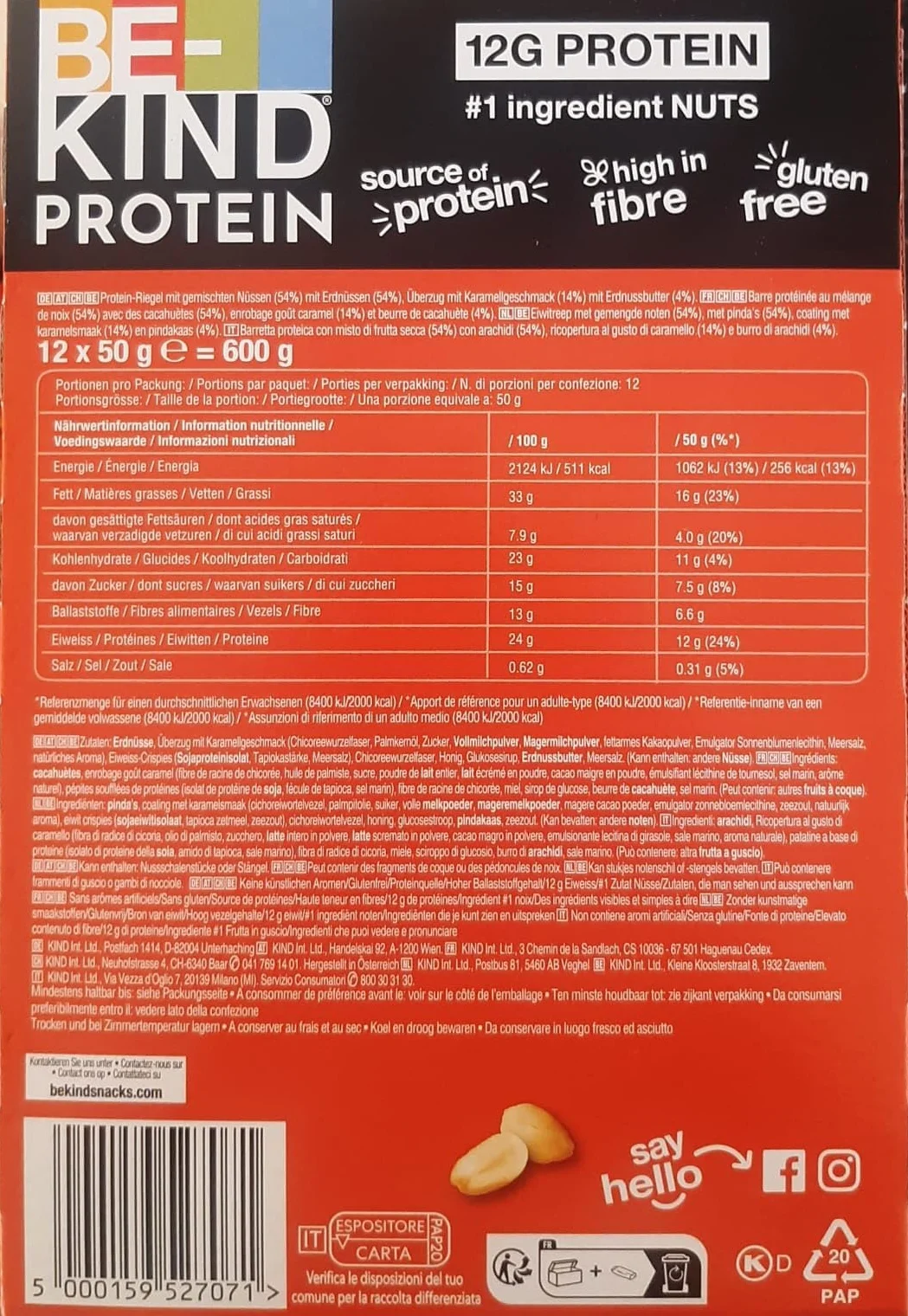 BE-KIND - Barres de Céréales Protéinées - Beurre de Cacahuètes Croquant - Sans Gluten - Riche en Fibres - Grand Format - 12 x 50g