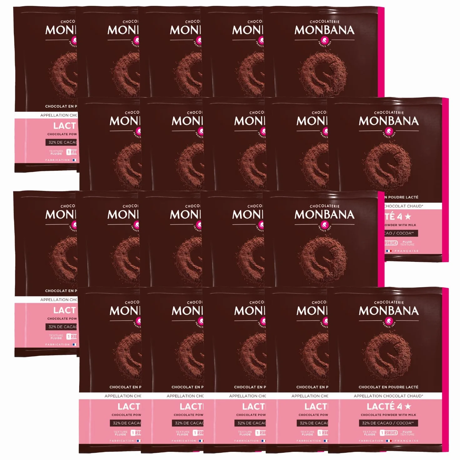 MONBANA | 20 sachets de chocolat Lacté 4* | Doses individuelles de 30 g de chocolat en poudre à déguster tout au long de la journée