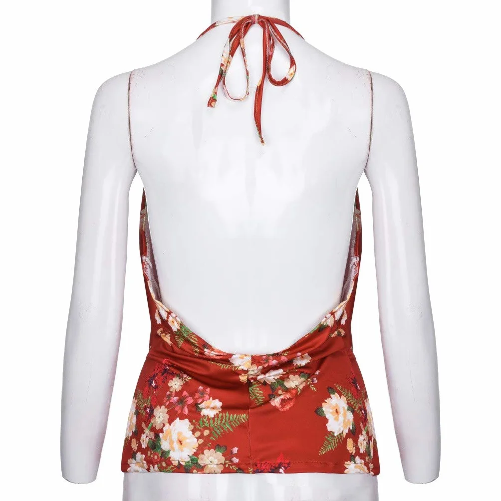 DEELIN Femmes Camisole Col en V Halter Dos Nu Imprimé Floral sans Manches