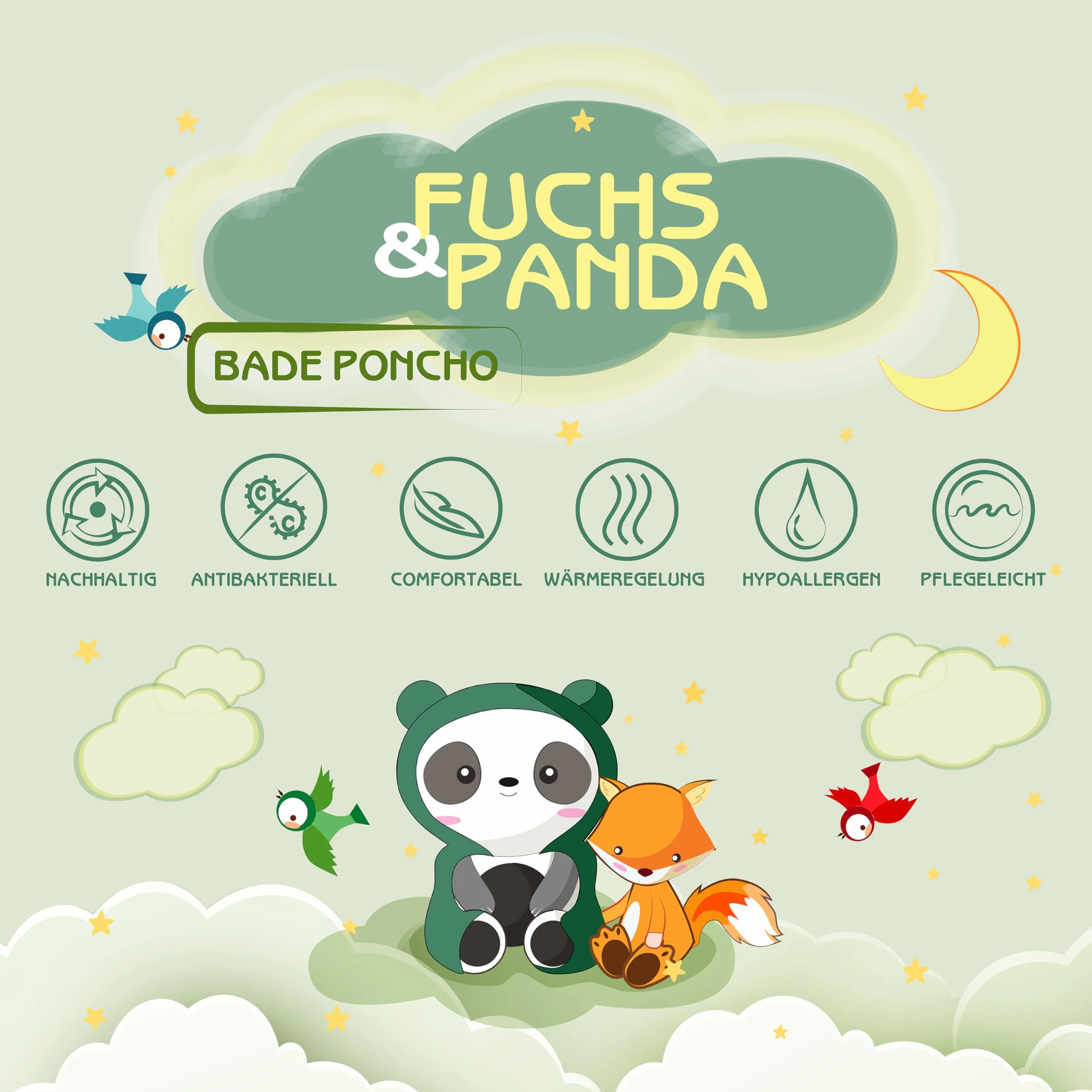 Poncho de bain pour enfants Fuchs&Panda 100% bambou extra chaud et doux Rame-Vert