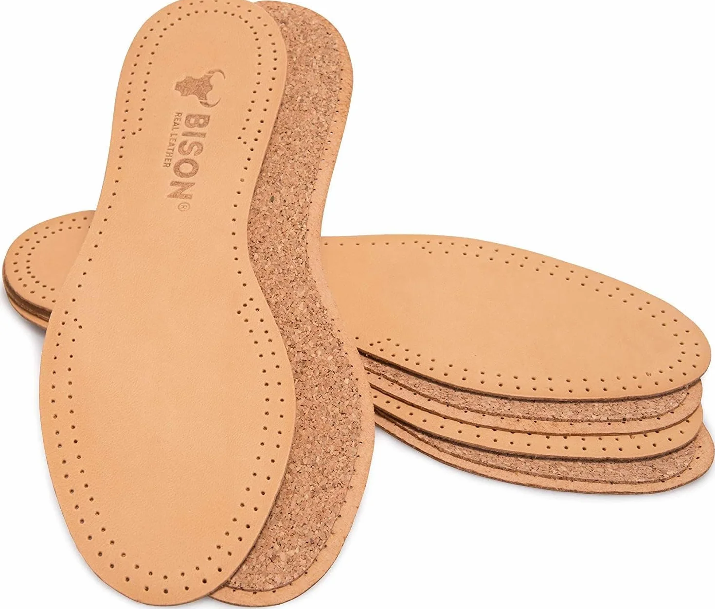 BISON Semelles Chaussures Confort 3 Paires - Semelle Cuir avec Liège - Anti Odeur et Transpiration Homme Femme (41/42, Beige)