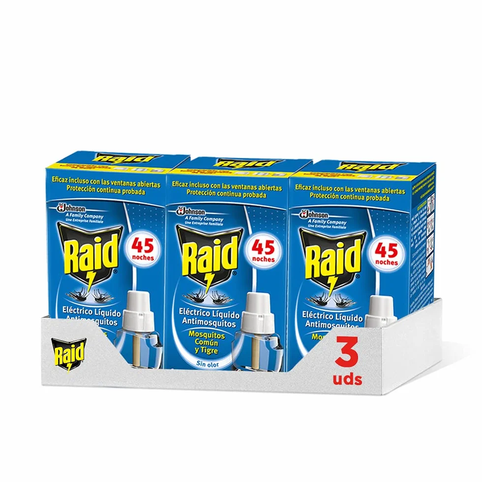 Raid - Recharge pour diffuseur électrique anti-moustiques communs et tigre, 3 x 45 nuits (Pack de 3 recharges, 135 nuits)