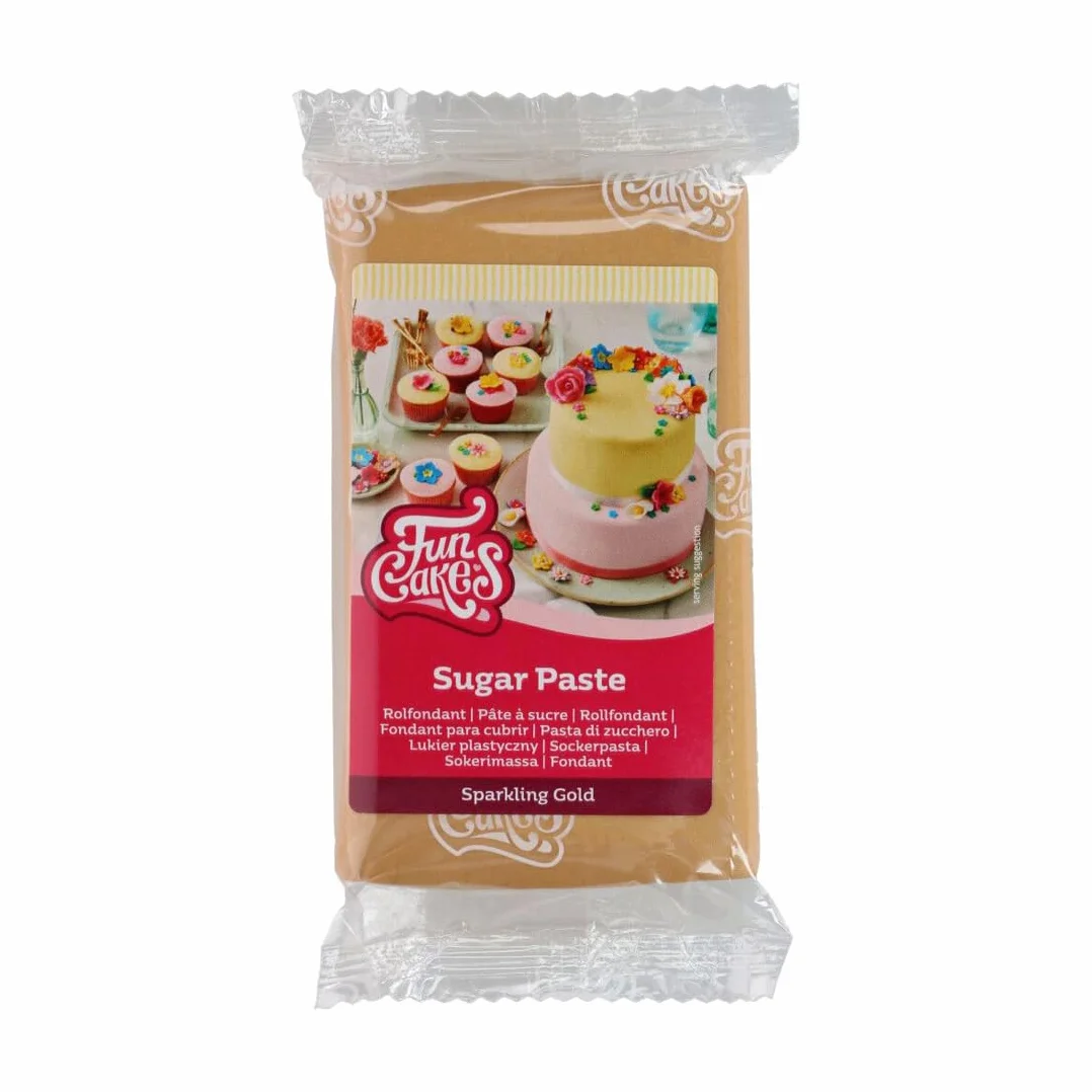 FunCakes Pâte à Sucre Sparkling Gold, Facile à Utiliser, Lisse, Flexible, Douce et Pliable, Optimale pour la Décoration de Gâteaux, Halal, Casher et sans Gluten 250 g