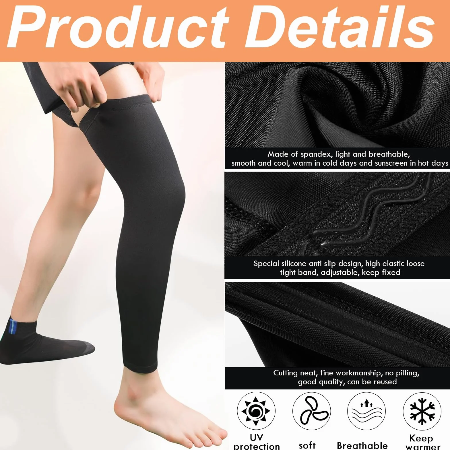 Genouillère de Compression Manchon 4 Pièces, Longueur Manchon de Jambe Cyclisme Sportif, Ensemble de Compression Hommes Femmes, Genou Cuisse Mollet (Noir et Blanc)