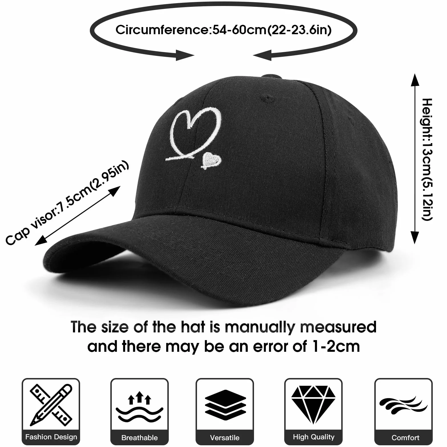 Tiakay Casquette de Baseball Unisexe à Broderie de Cœur Réglable Coton Respirant Protection UV Chapeau Soleil Été Plein Air Voyage Sport