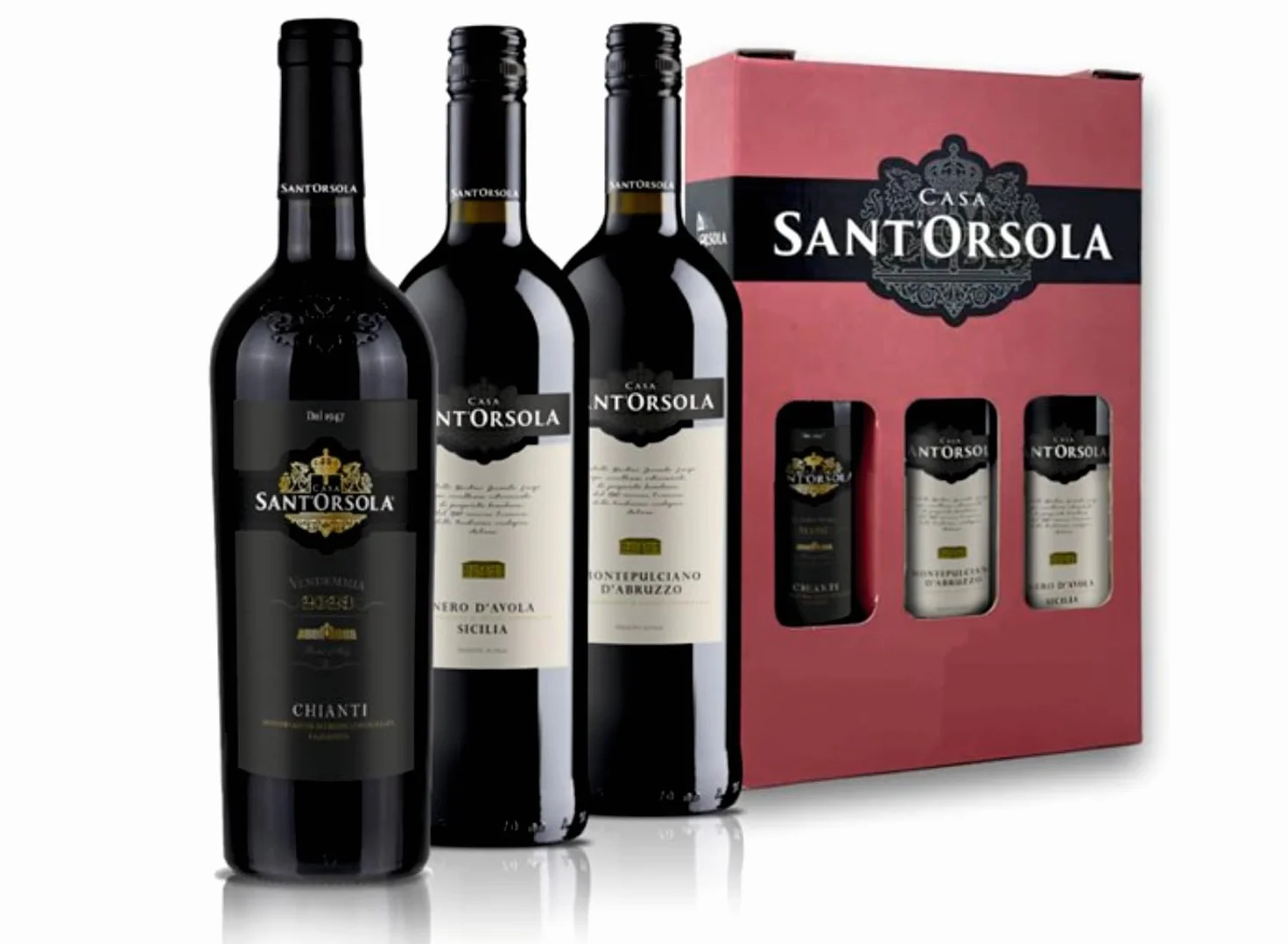 SANT'ORSOLA Chianti Docg + Montepulciano Doc D'Abruzzo + Nero D'Avola Doc Vin Rouge Italien Avec Coffret Cadeau - 3X75 cl