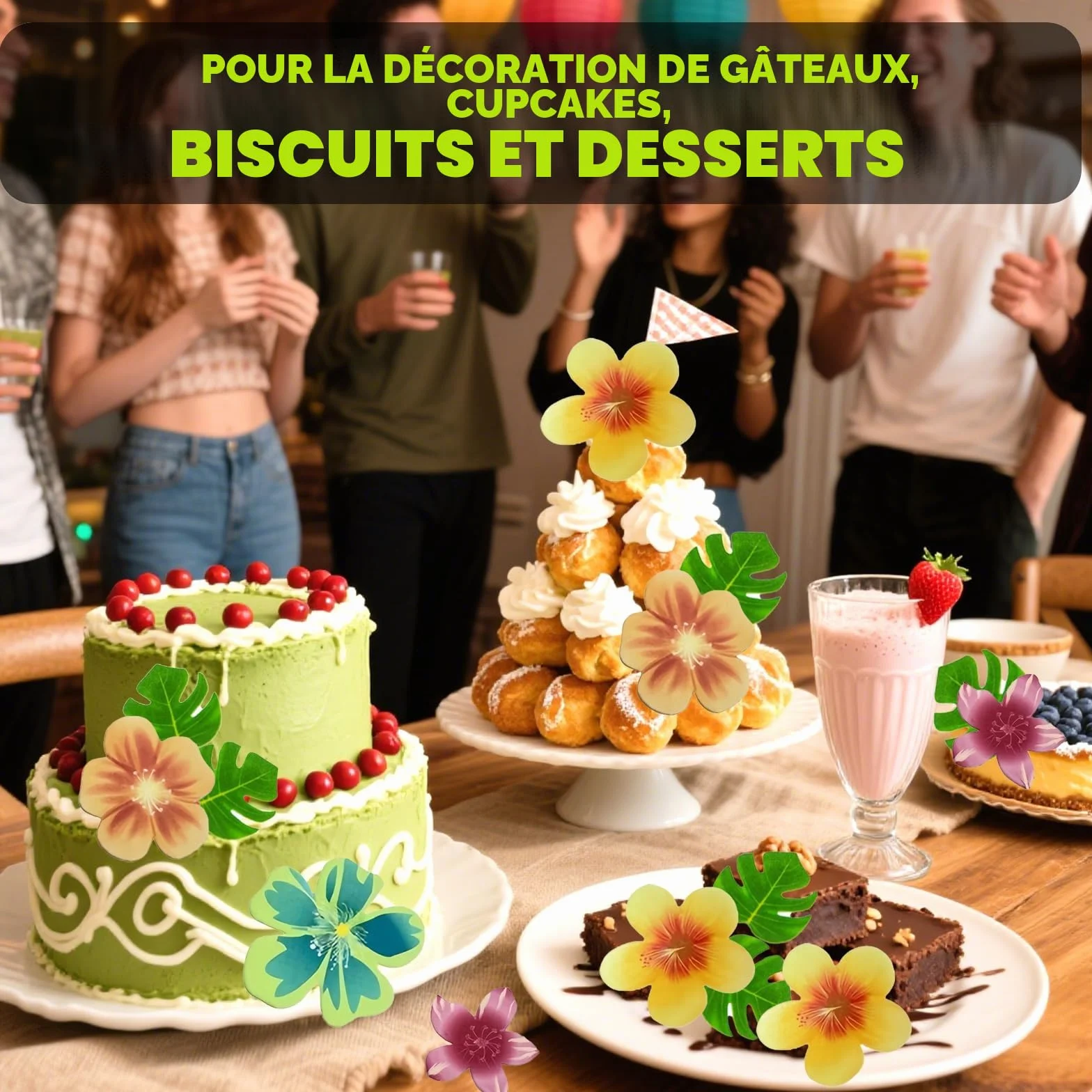 Lot de 83 décorations de gâteau en papier comestible : 35 fleurs comestibles, 48 feuilles comestibles pour cupcakes, décorations d'anniversaire jungle, idéales pour les fêtes hawaïennes et les