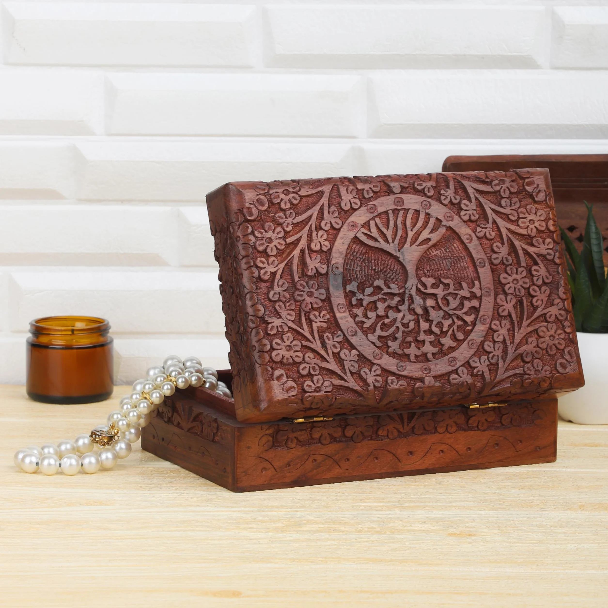 Boîte à Bijoux en Bois Fait Main Arbre de Vie, Coffret Sculpté, Rangement Décoratif 20 x 13 cm