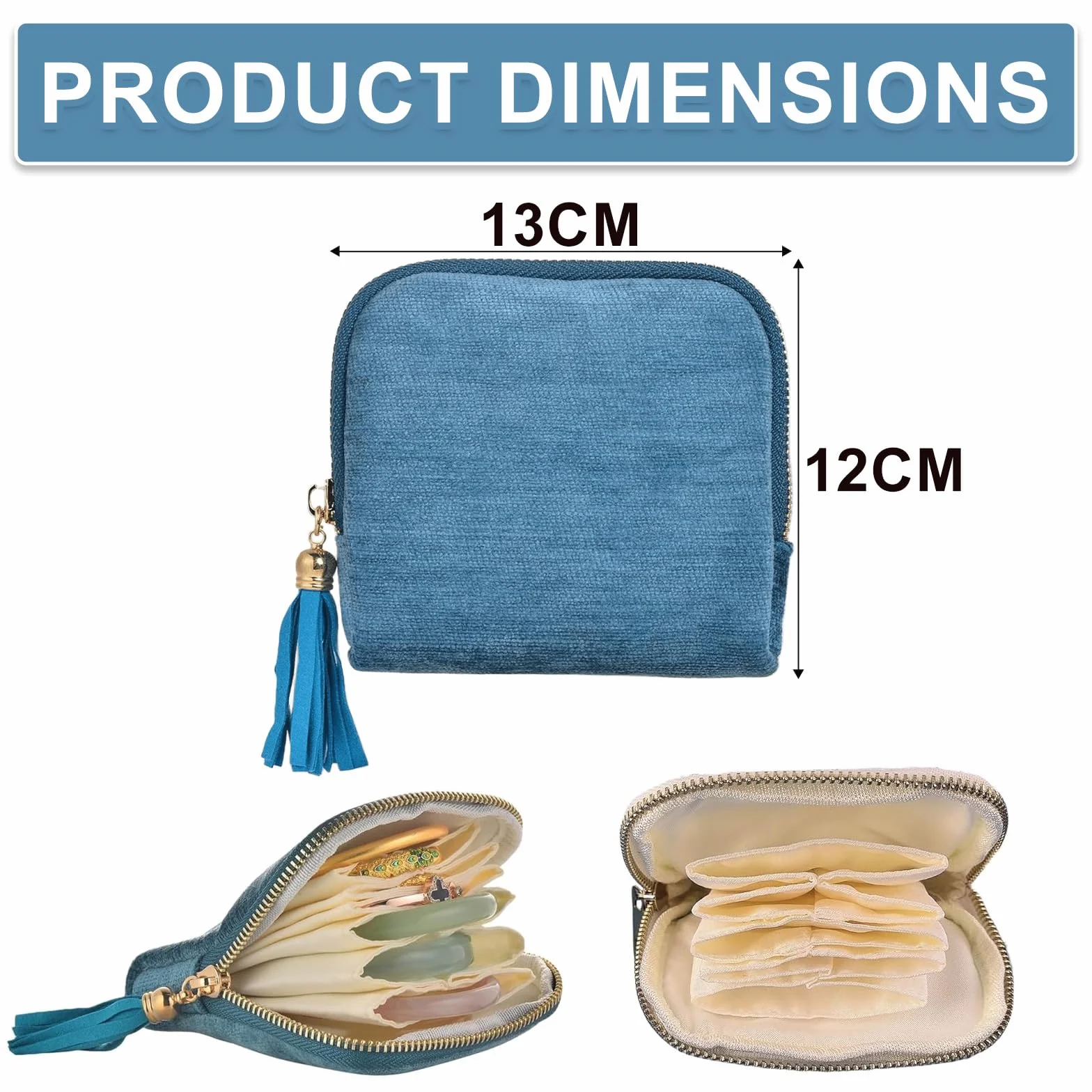 Pochette Bijoux Voyage Velours Fermeture Éclair Anti-Rayures Anti-Nœuds Colliers Bracelets Bleu Paon