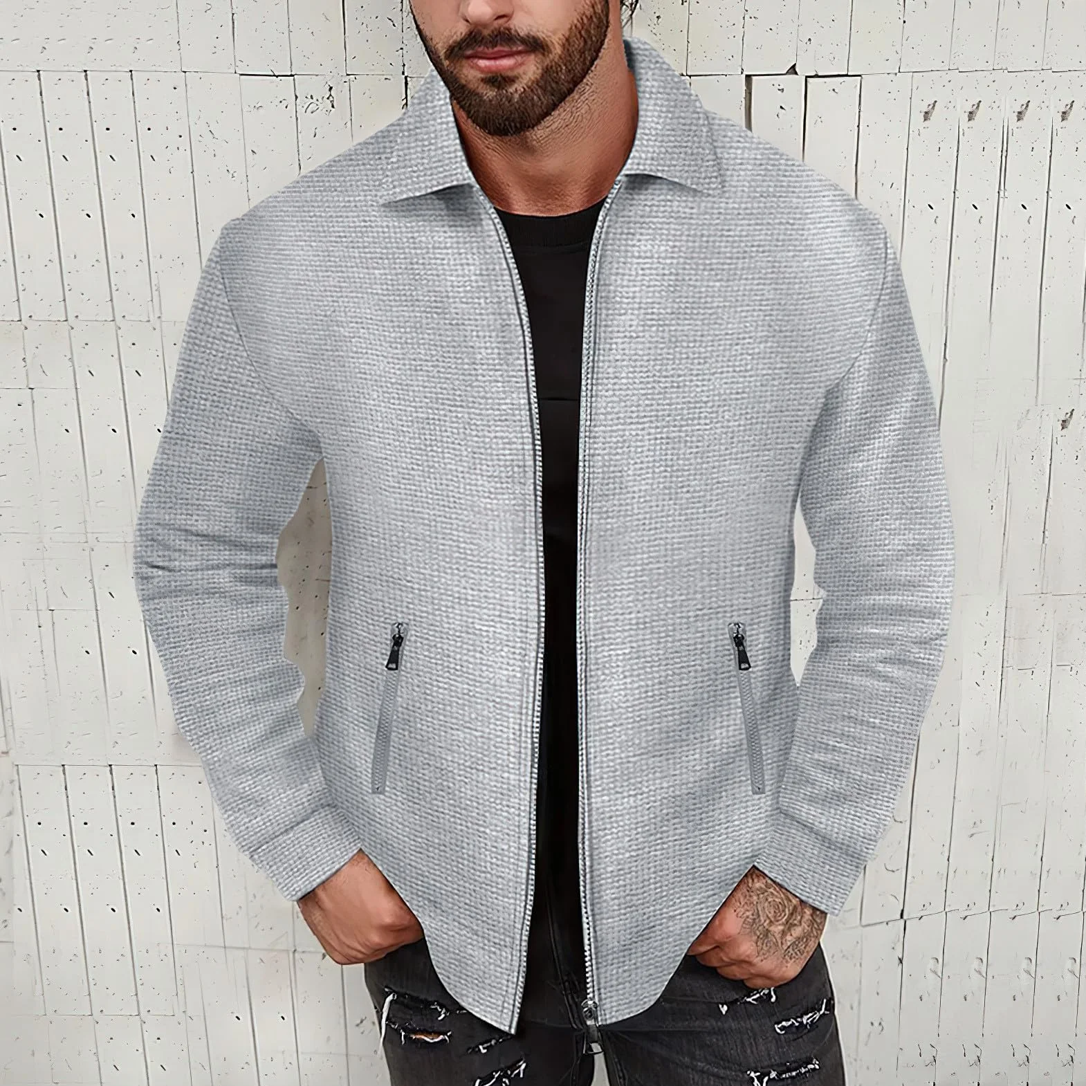 Ensemble de 2 Pièces Veste & Pantalon Waffle Manches Longues Zipper pour Homme Survêtements Sport Travail