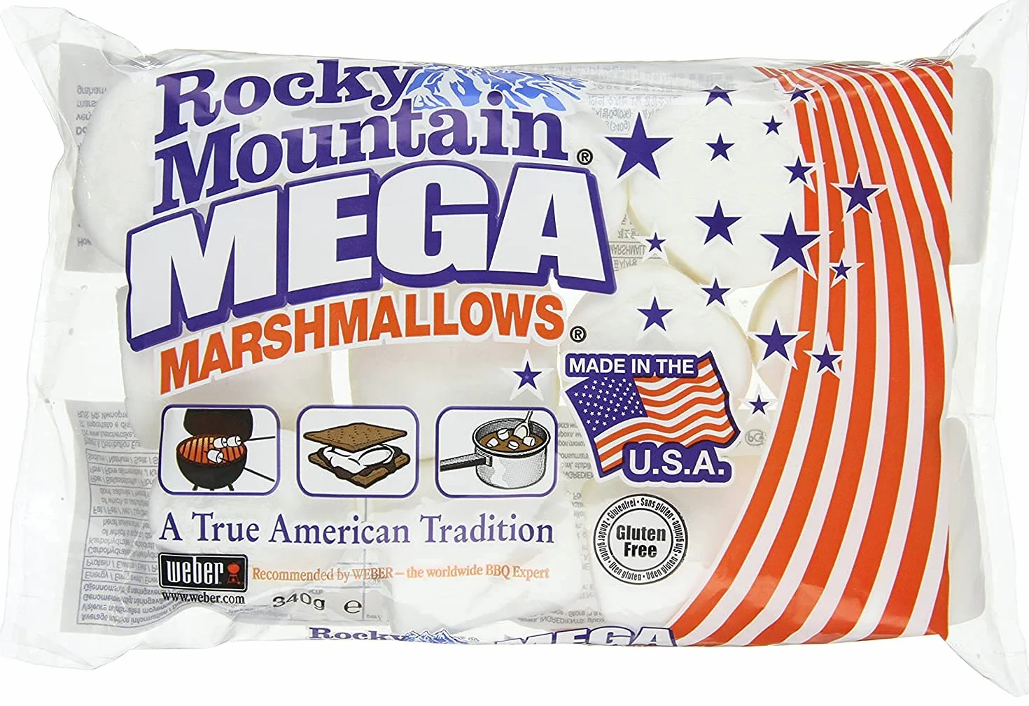 Rocky Mountain Marshmallows MEGA 340 g paquet de 2, bonbons américains traditionnels à rôtir sur le feu de camp, à griller ou à cuire au four, 2x340g
