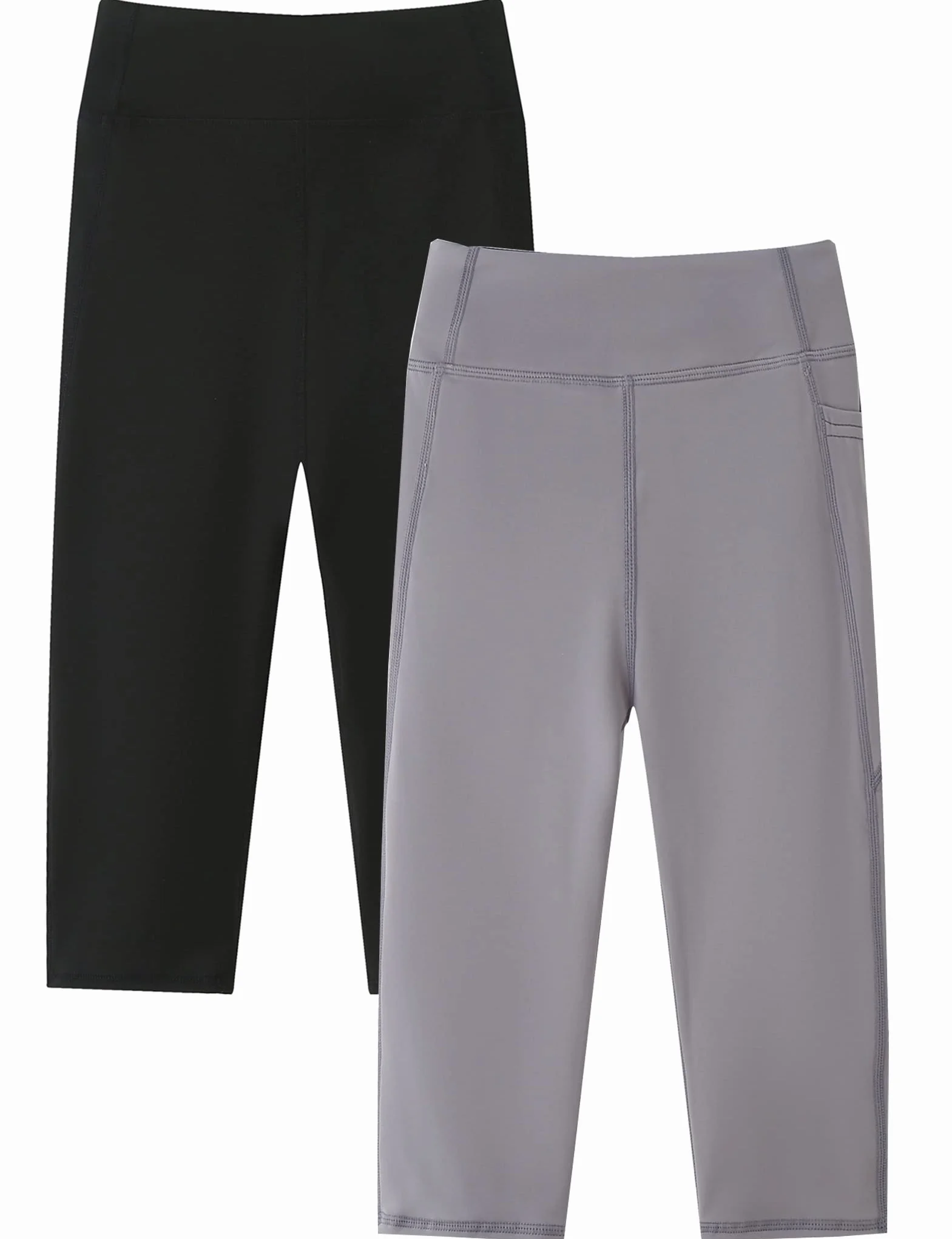 Kiench Leggings de Sport 3/4 Fille Capri Pantalon Yoga Gymnastique avec Poche Lot de 2